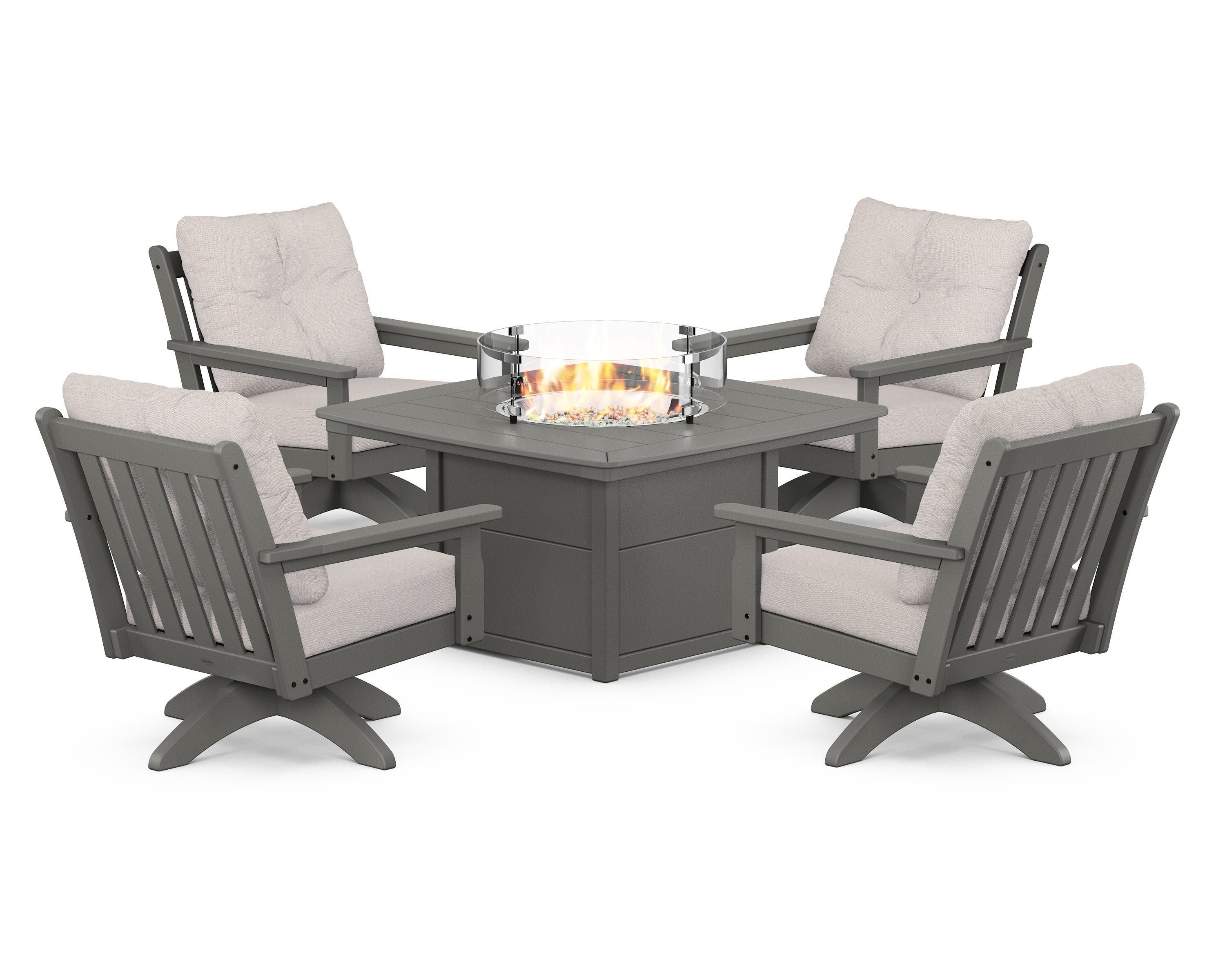 POLYWOOD Vineyard 5-Piece Deep Seating Swivel Conversation Set with Fire Pit Table in Slate Grey / Dune Burlap