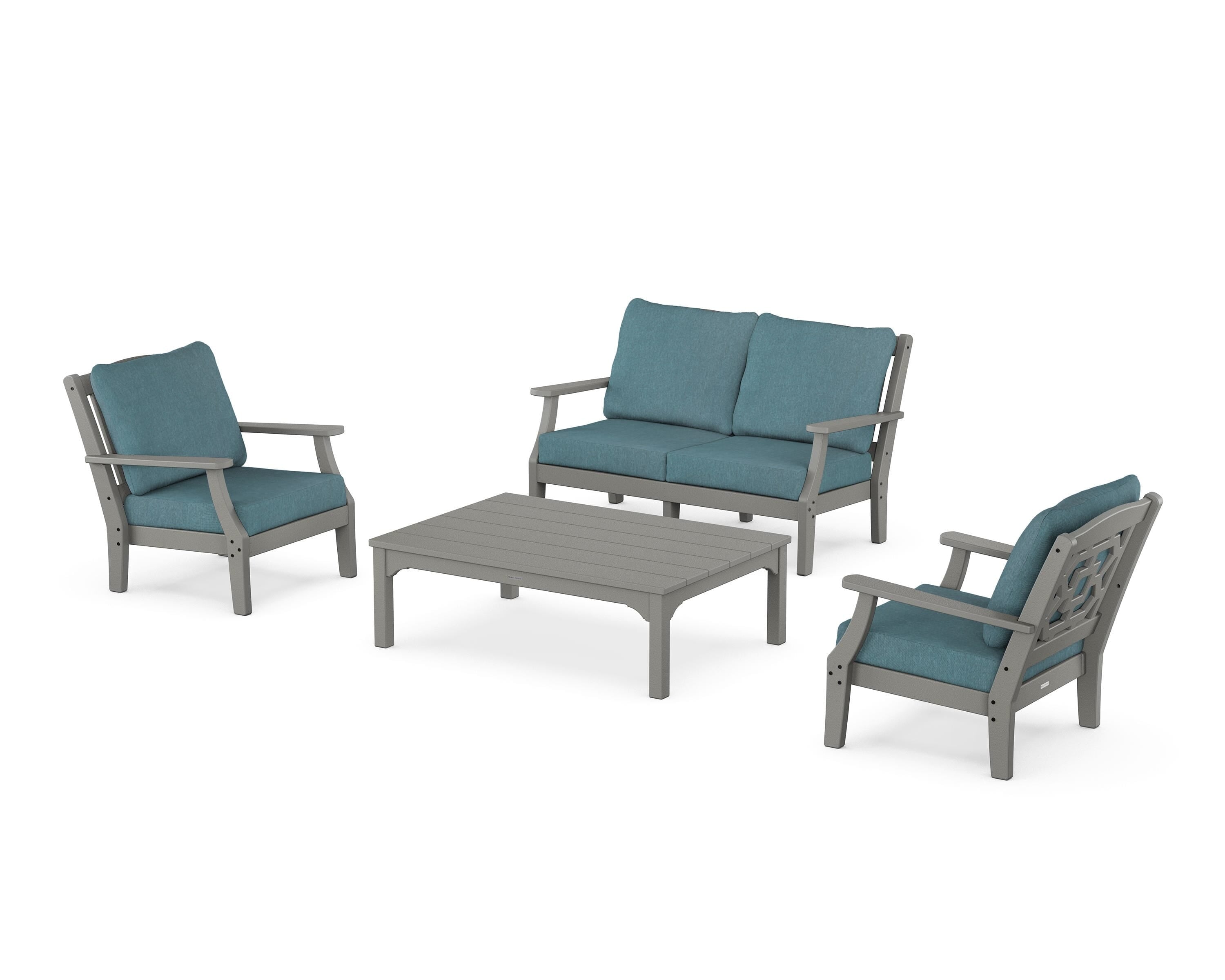 Martha Stewart by POLYWOOD Chinoiserie 4-Piece Deep Seating Set with Loveseat in Slate Grey / Ocean Teal