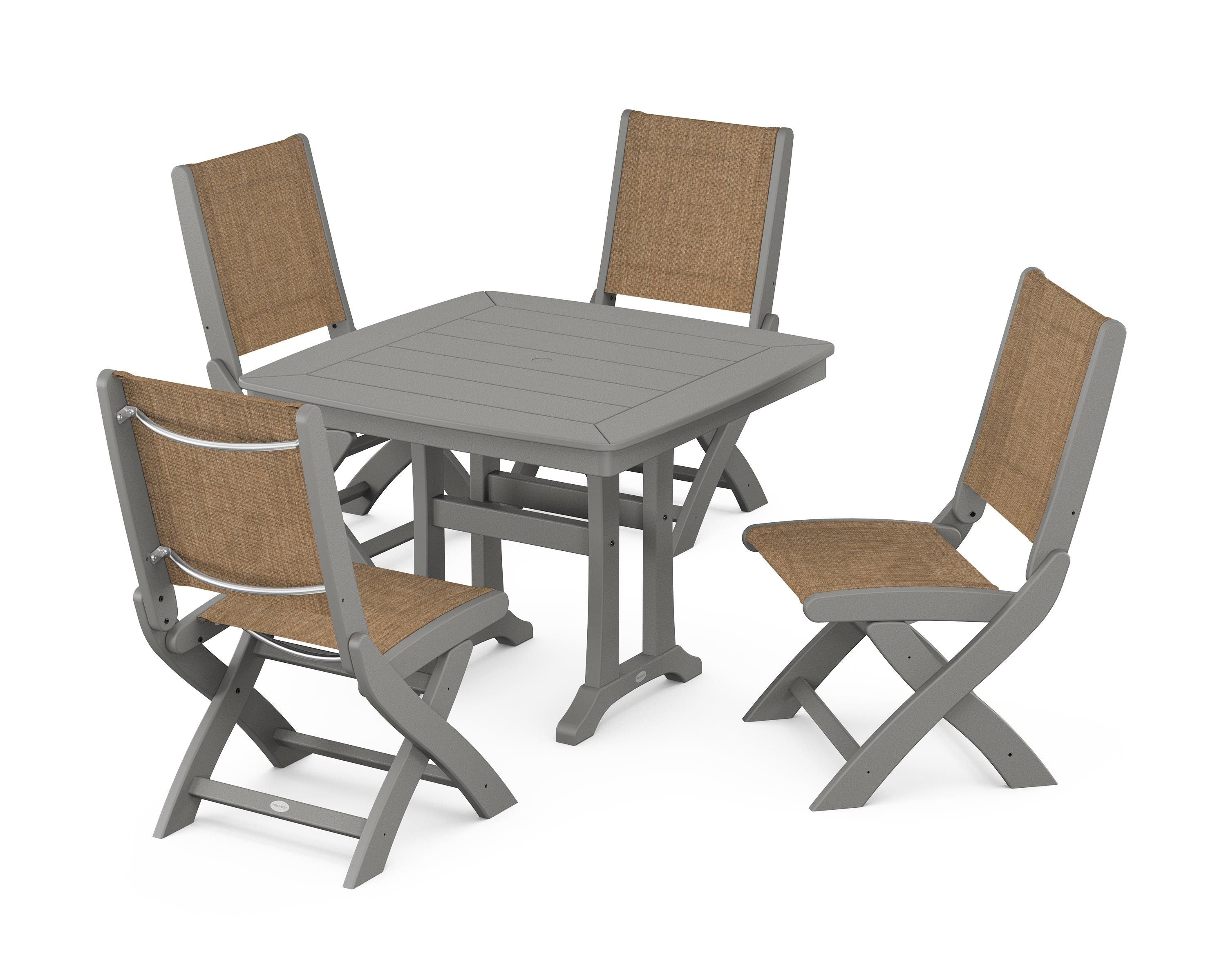 POLYWOOD Coastal Folding Side Chair 5-Piece Dining Set with Trestle Legs in Slate Grey / Burlap Sling
