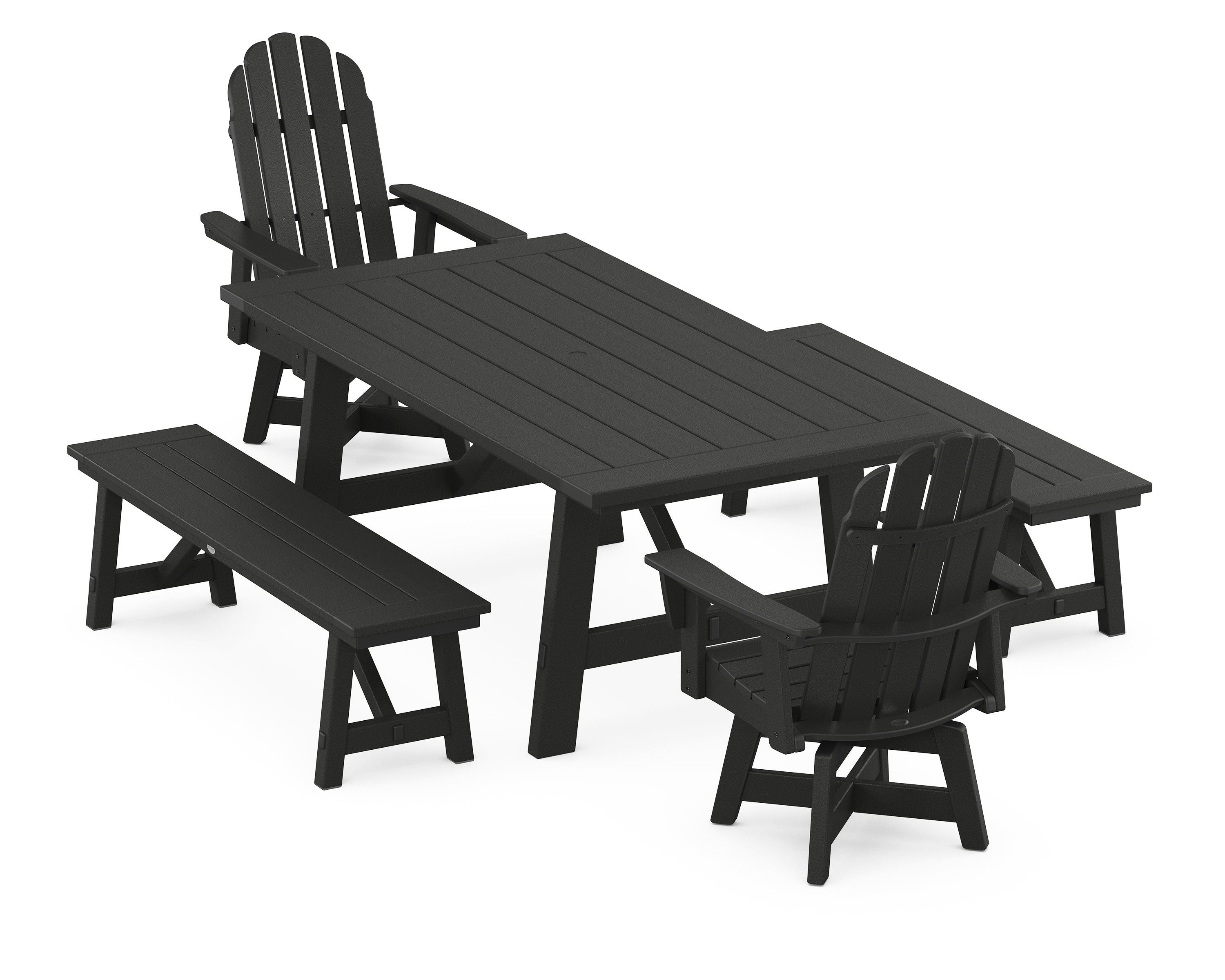 POLYWOOD® VineyardCurveback Adirondack Swivel Chair 5-Piece Rustic Farmhouse Dining Set With Benches in Black
