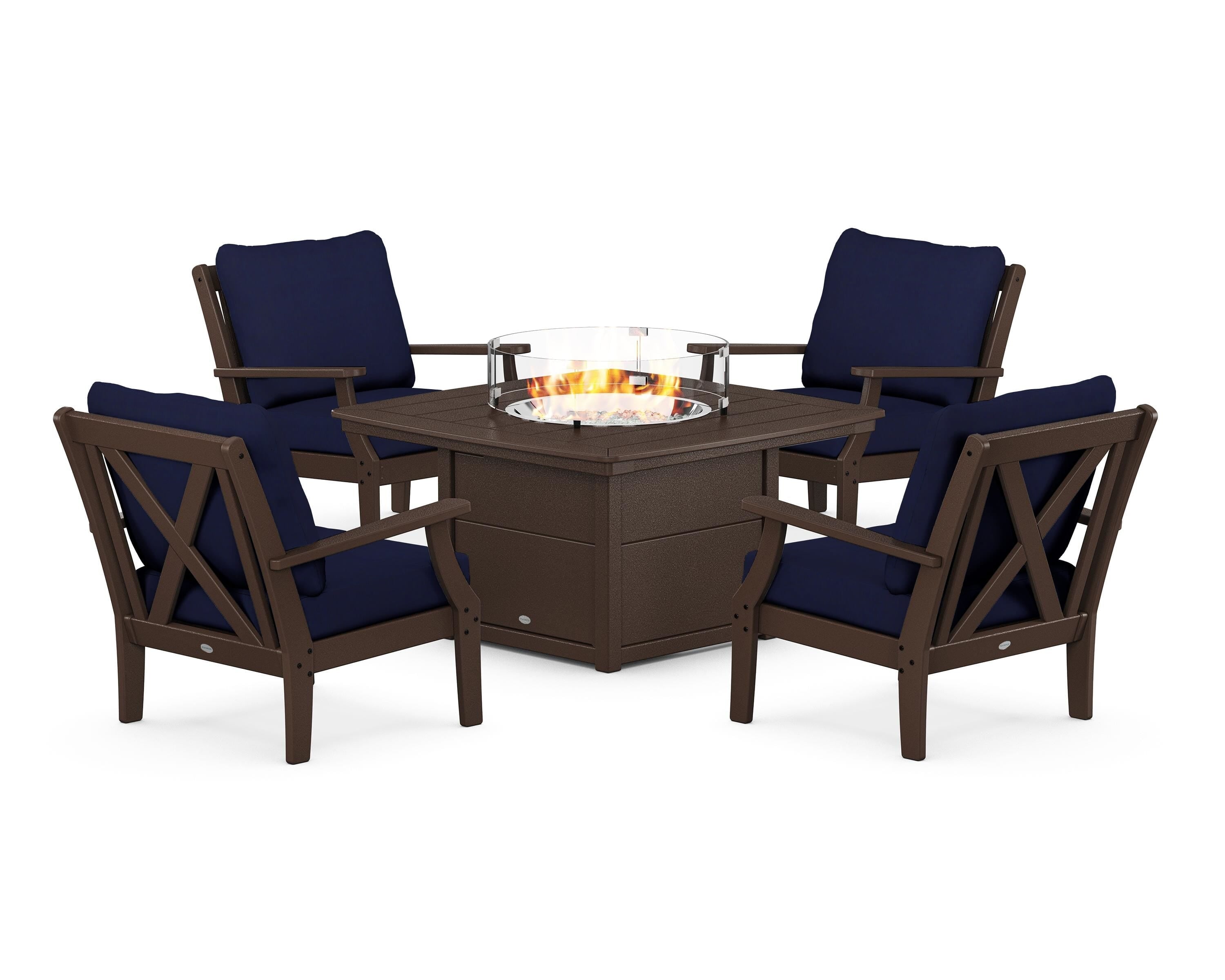 POLYWOOD Braxton 5-Piece Deep Seating Conversation Set with Fire Pit Table in Mahogany / Navy