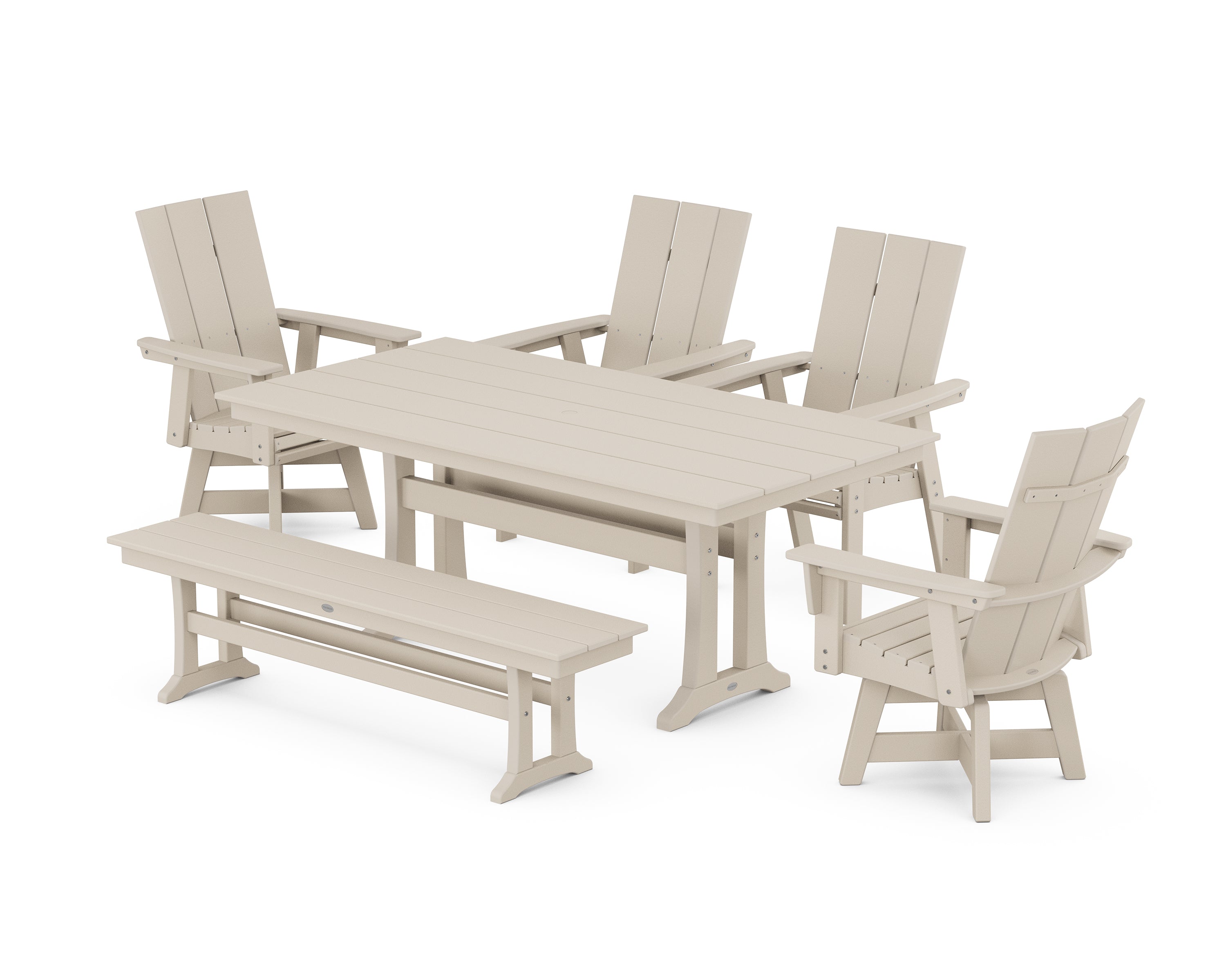 POLYWOOD® Modern Curveback Adirondack Swivel Chair 6-Piece Farmhouse Dining Set With Trestle Legs and Bench in Sand