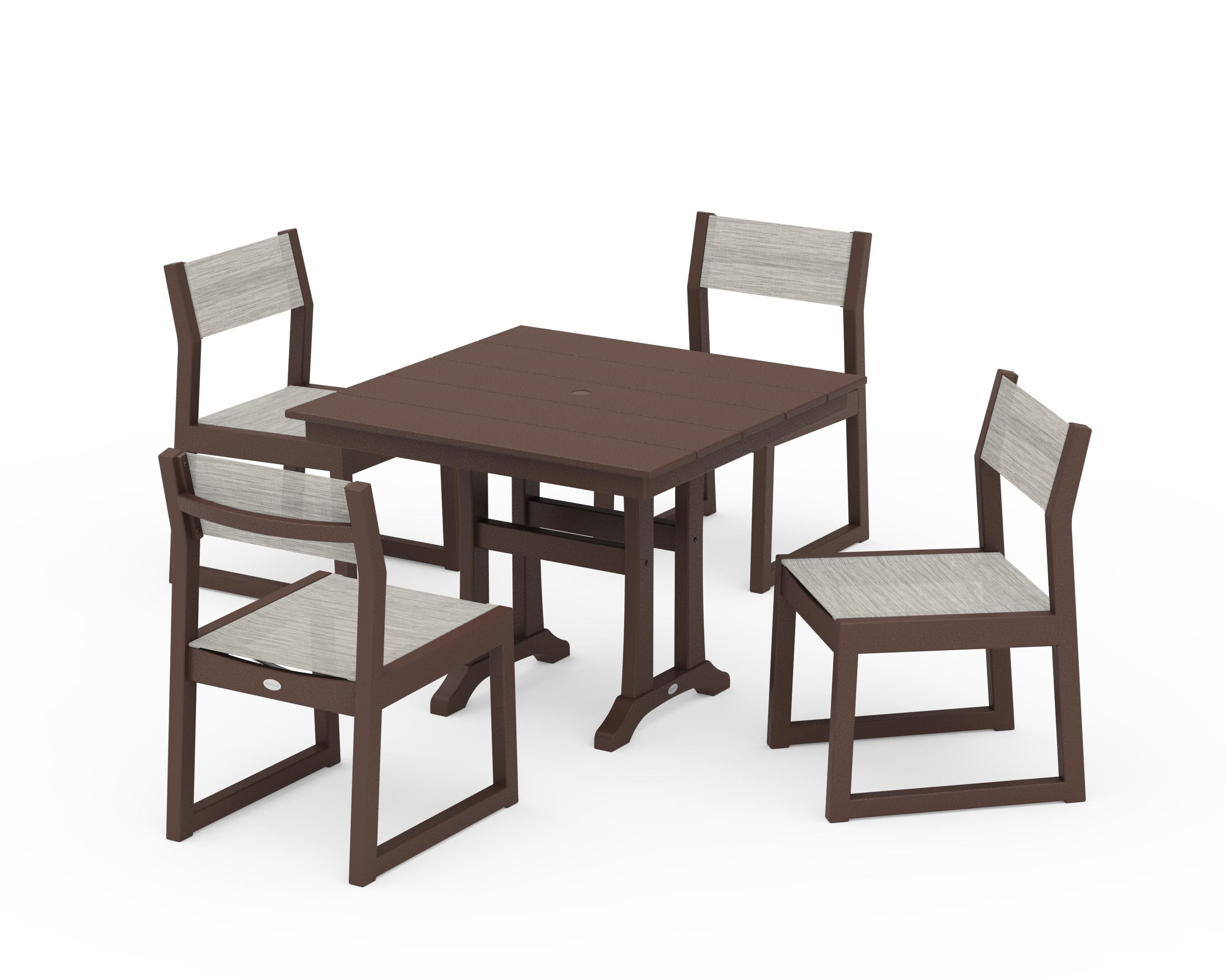 POLYWOOD EDGE Sling 5-Piece Farmhouse Trestle Side Chair Dining Set in Mahogany / Birch Sling