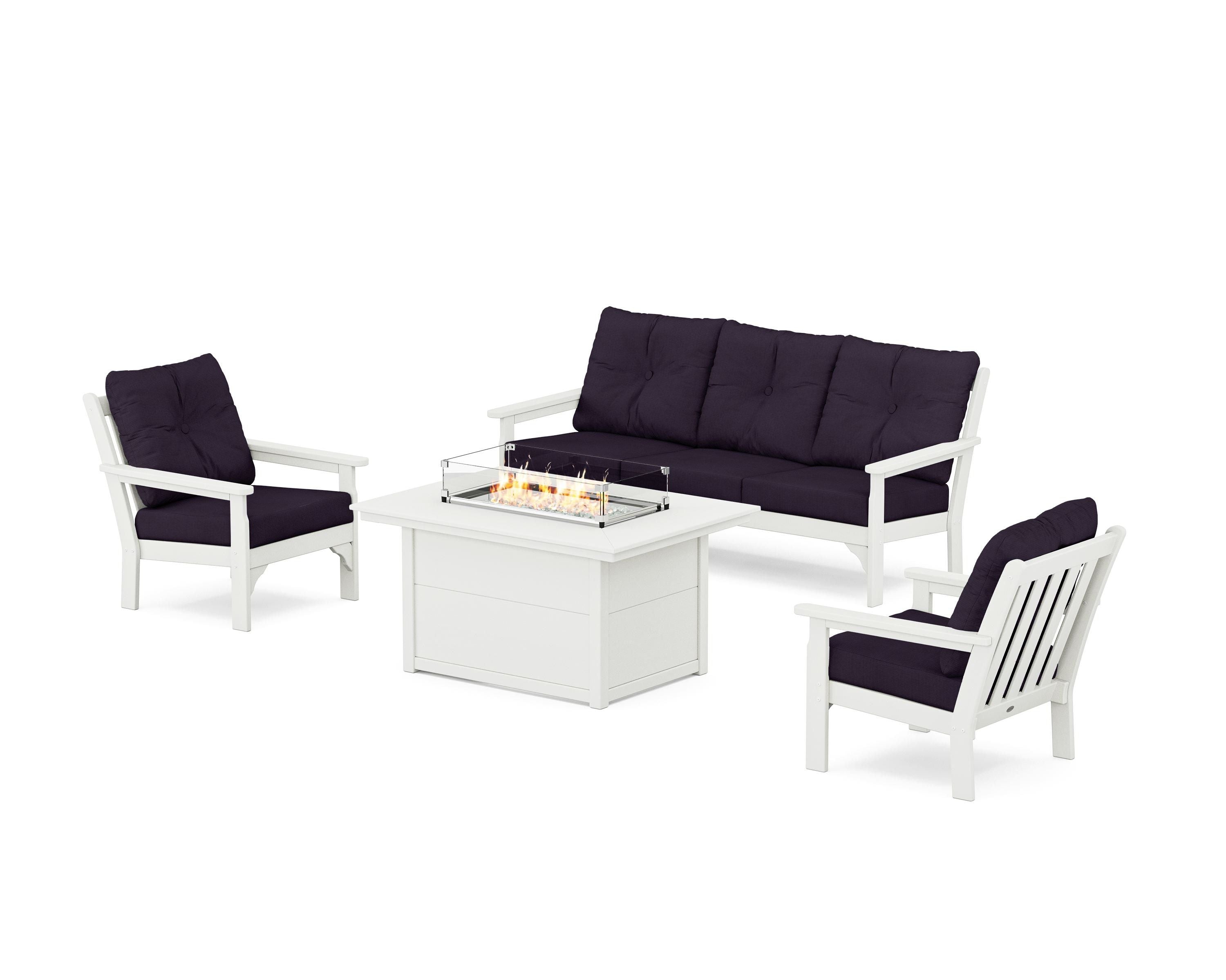POLYWOOD Vineyard Deep Seating Fire Pit Table Set in Vintage White / Navy Linen