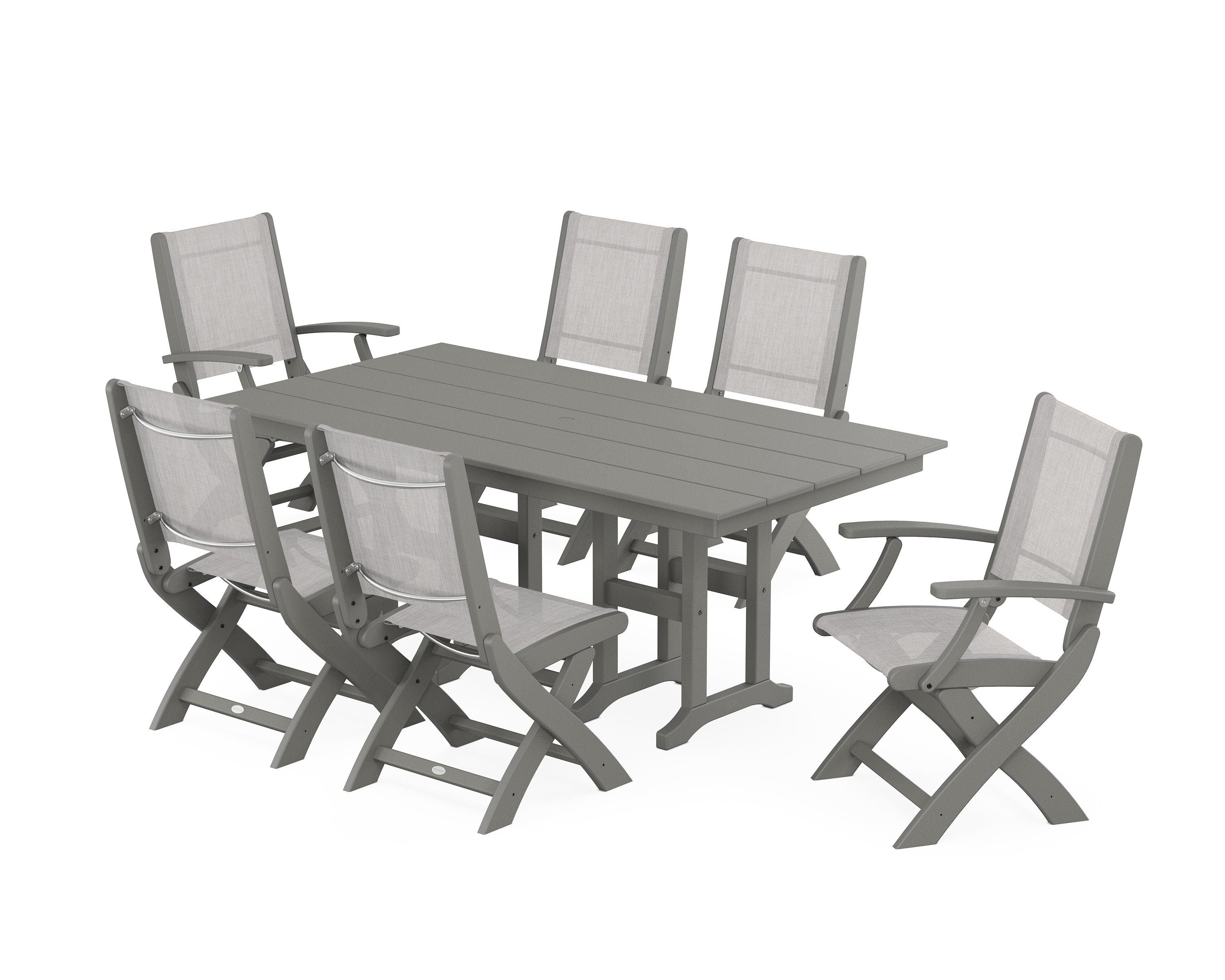 POLYWOOD Coastal Folding Chair 7-Piece Farmhouse Dining Set in Slate Grey / Parchment Sling
