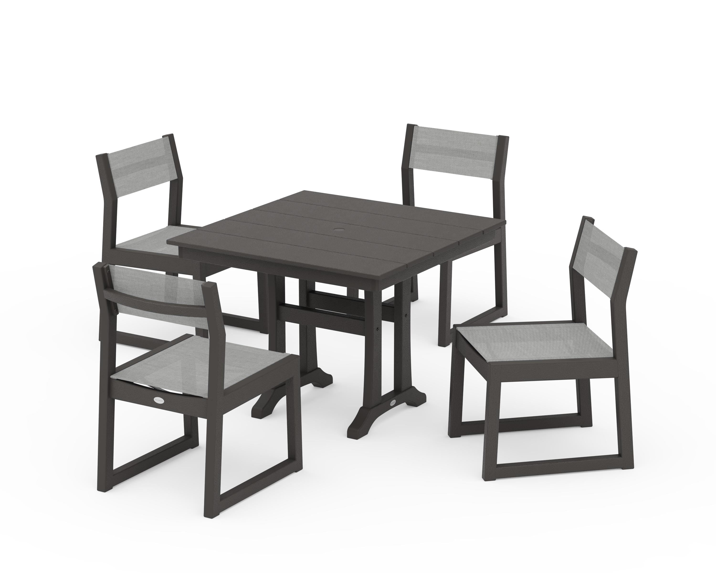 POLYWOOD EDGE Sling 5-Piece Farmhouse Trestle Side Chair Dining Set in Vintage Coffee / Metallic Sling