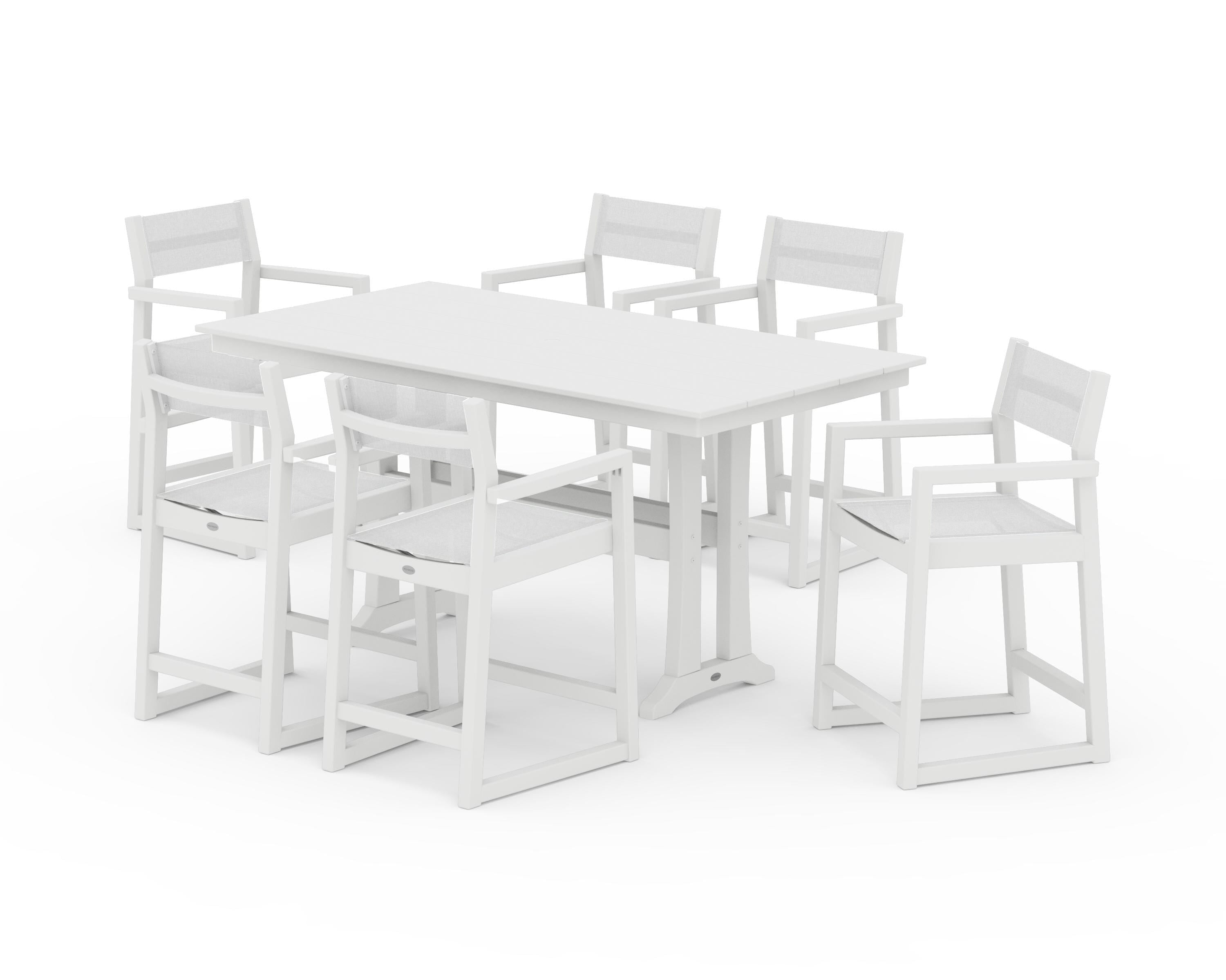 POLYWOOD EDGE Sling Arm Chair 7-Piece Farmhouse Counter Set with Trestle Legs in White / White Sling
