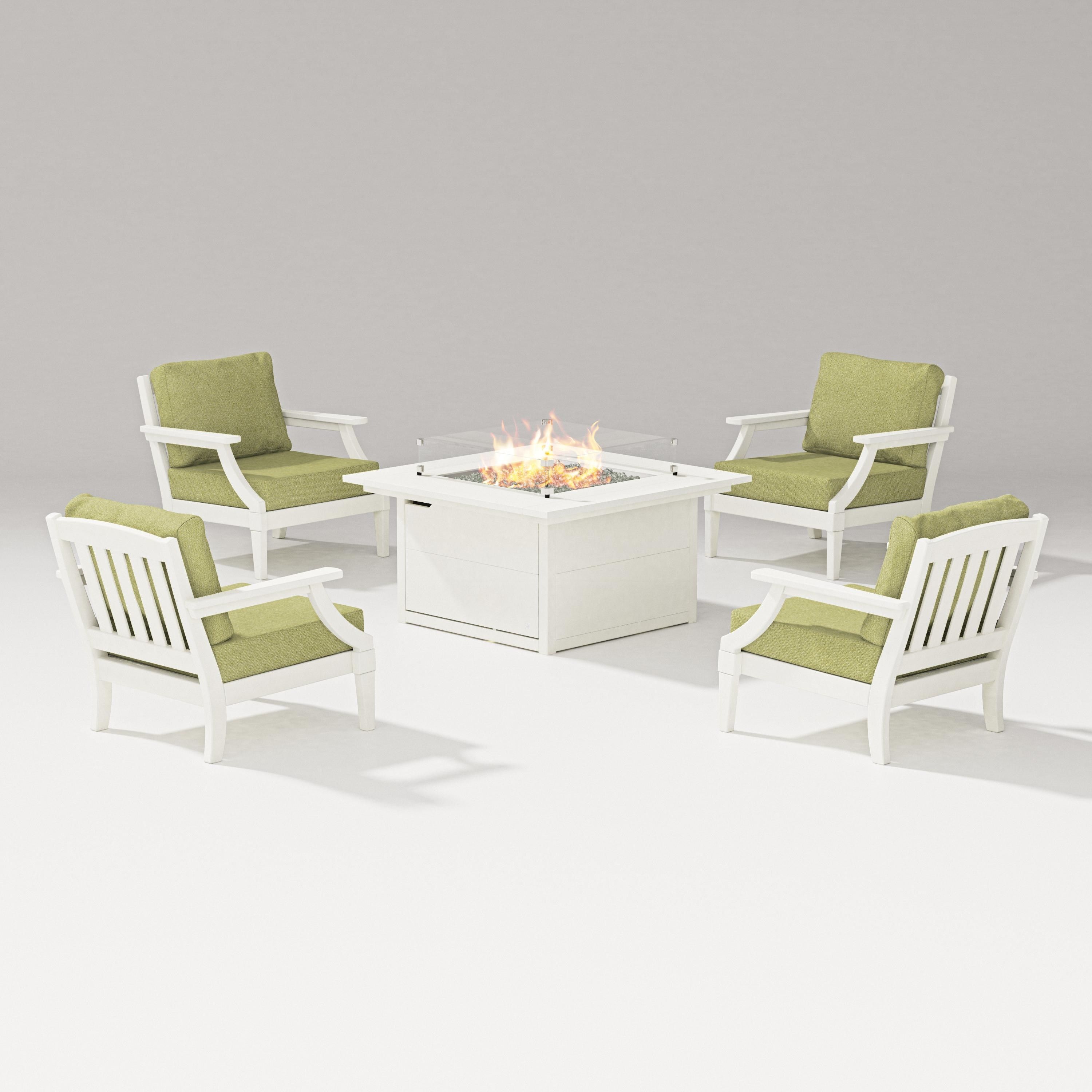 PW Designer Series Estate 5-Piece Lounge Fire Table Set in Vintage White / Chartreuse Boucle