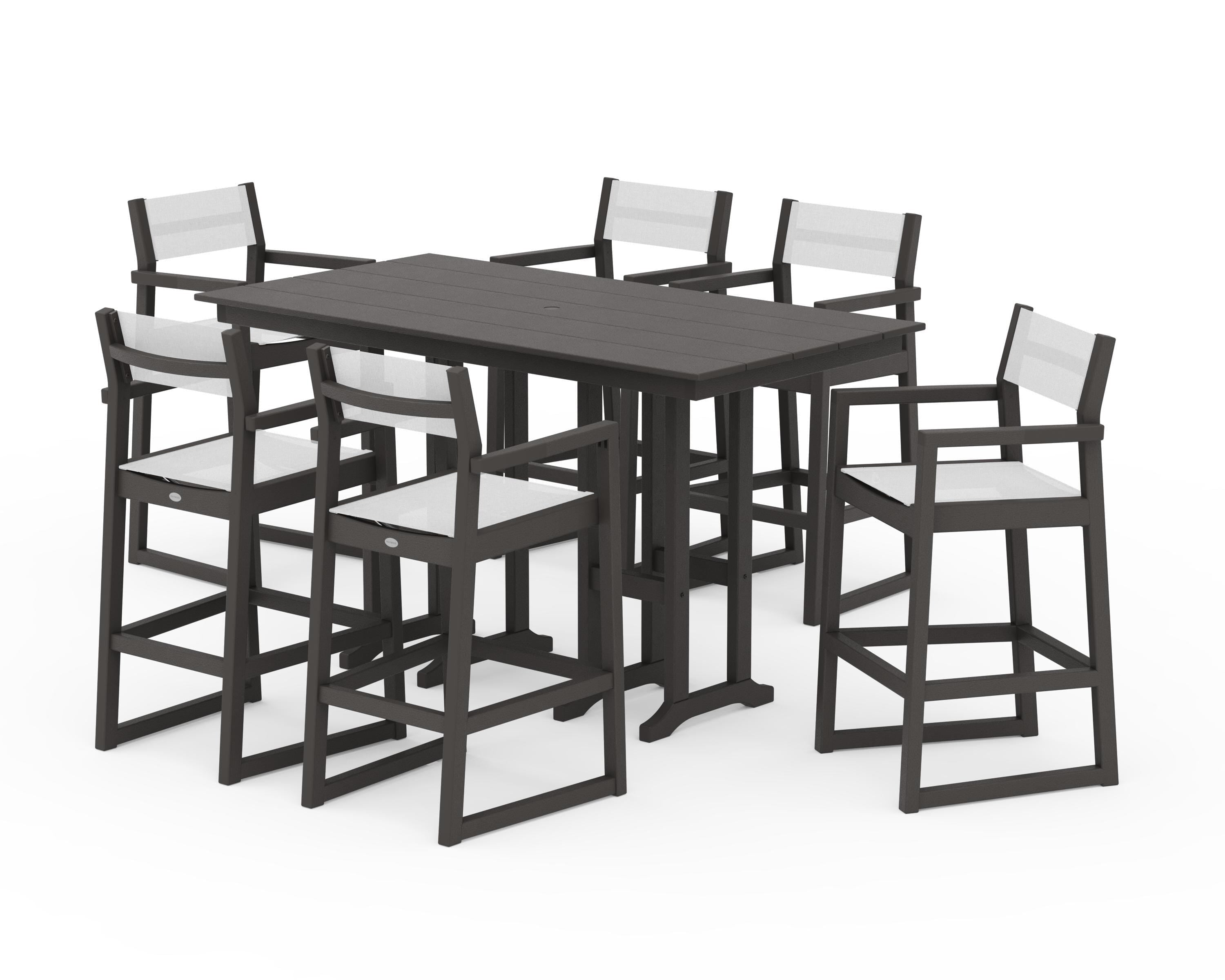 POLYWOOD EDGE Sling Arm Chair 7-Piece Farmhouse Bar Set in Vintage Coffee / White Sling
