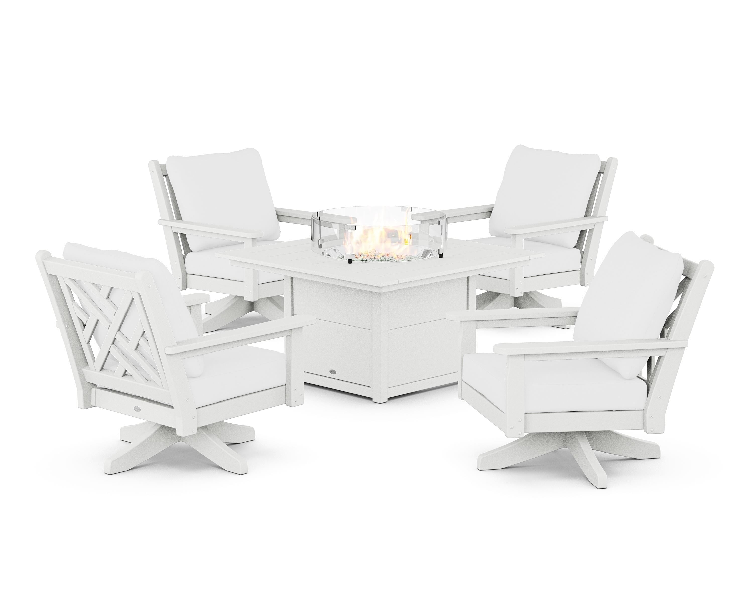 POLYWOOD Chippendale 5-Piece Deep Seating Swivel Conversation Set with Fire Pit Table in White / Natural