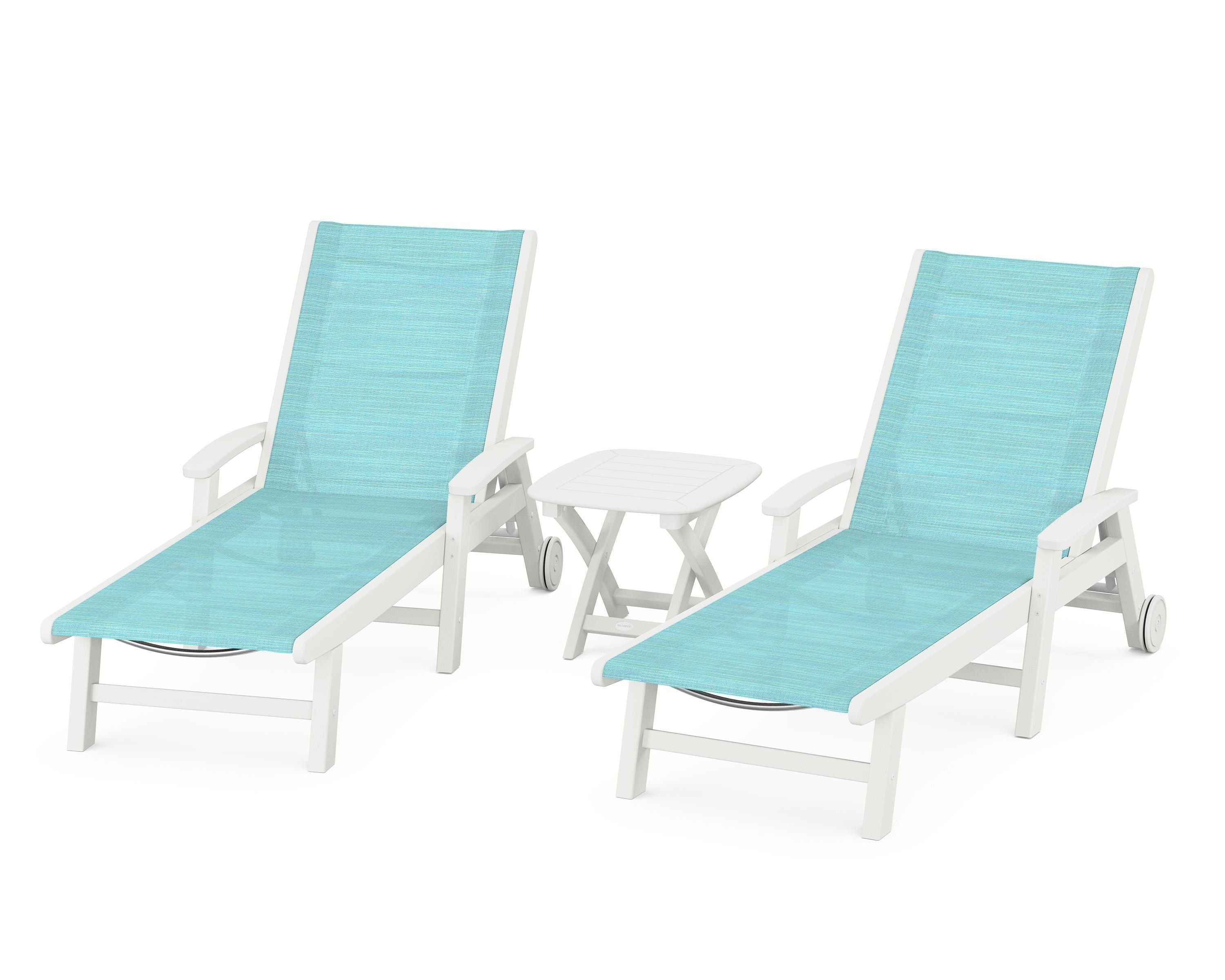 POLYWOOD Coastal 3-Piece Wheeled Chaise Set in Vintage White / Dupioni Aquamarine Sling