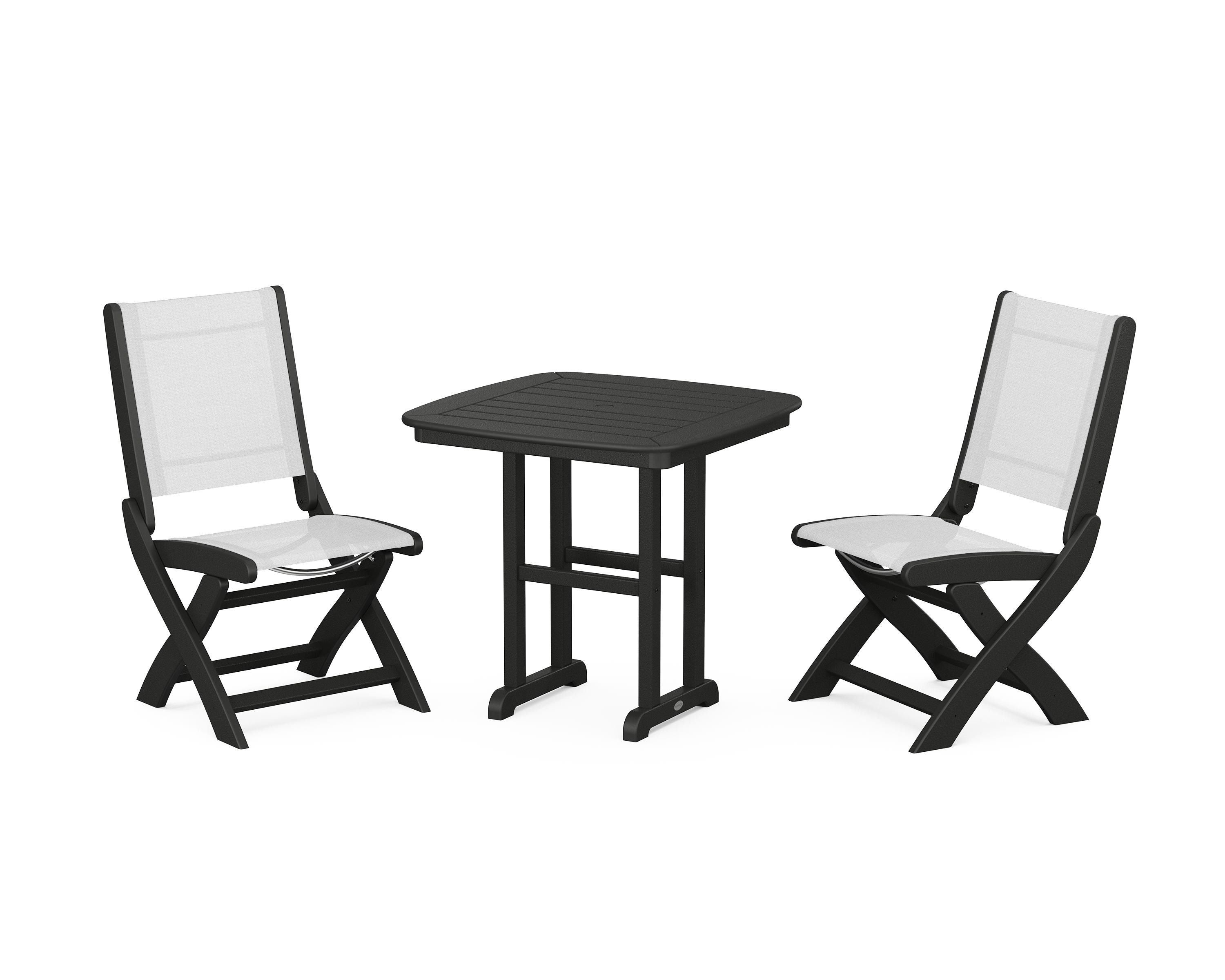 POLYWOOD Coastal Folding Side Chair 3-Piece Dining Set in Black / White Sling