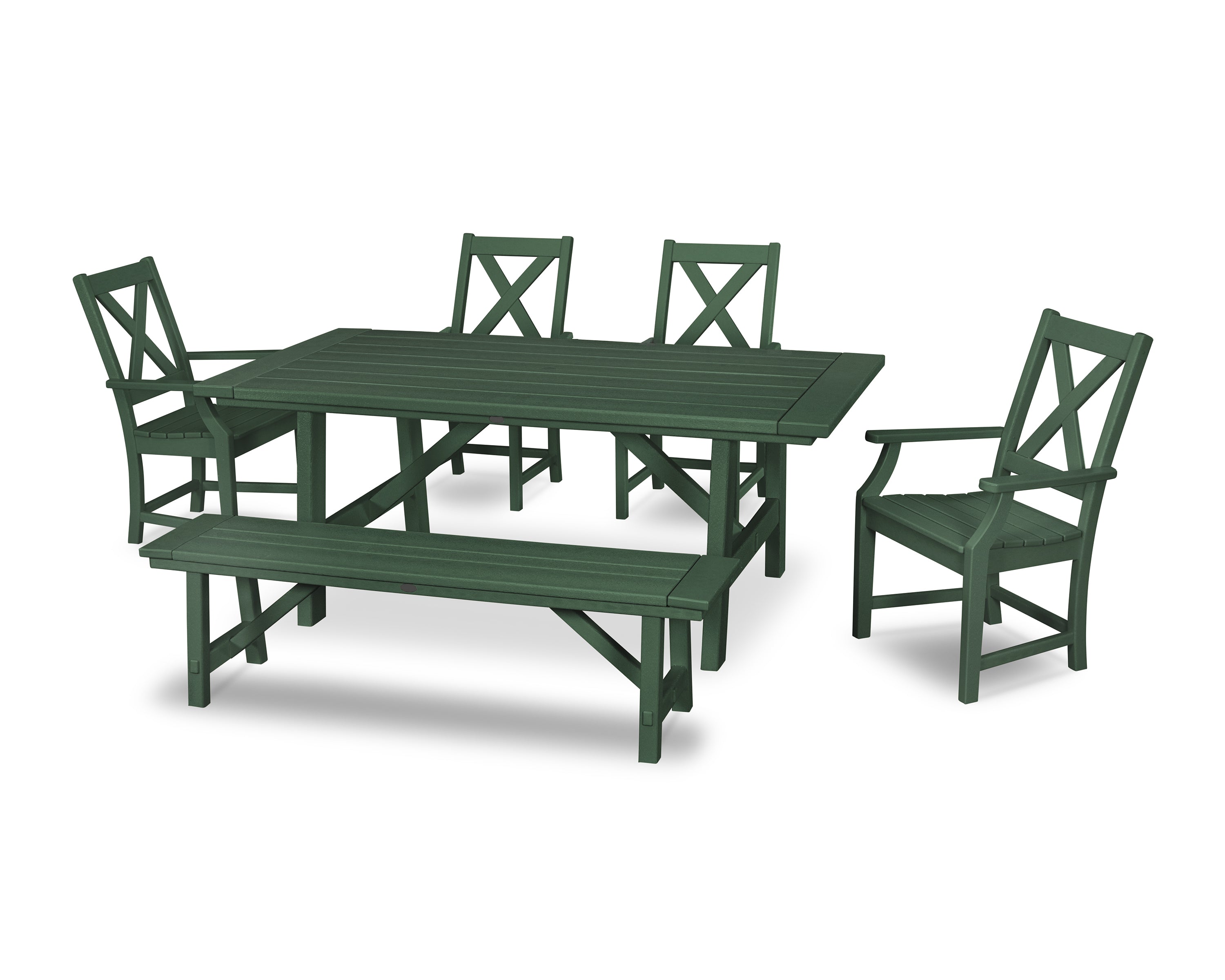 POLYWOOD® Braxton 6-Piece Rustic Farmhouse Arm Chair Dining Set with Bench in Green