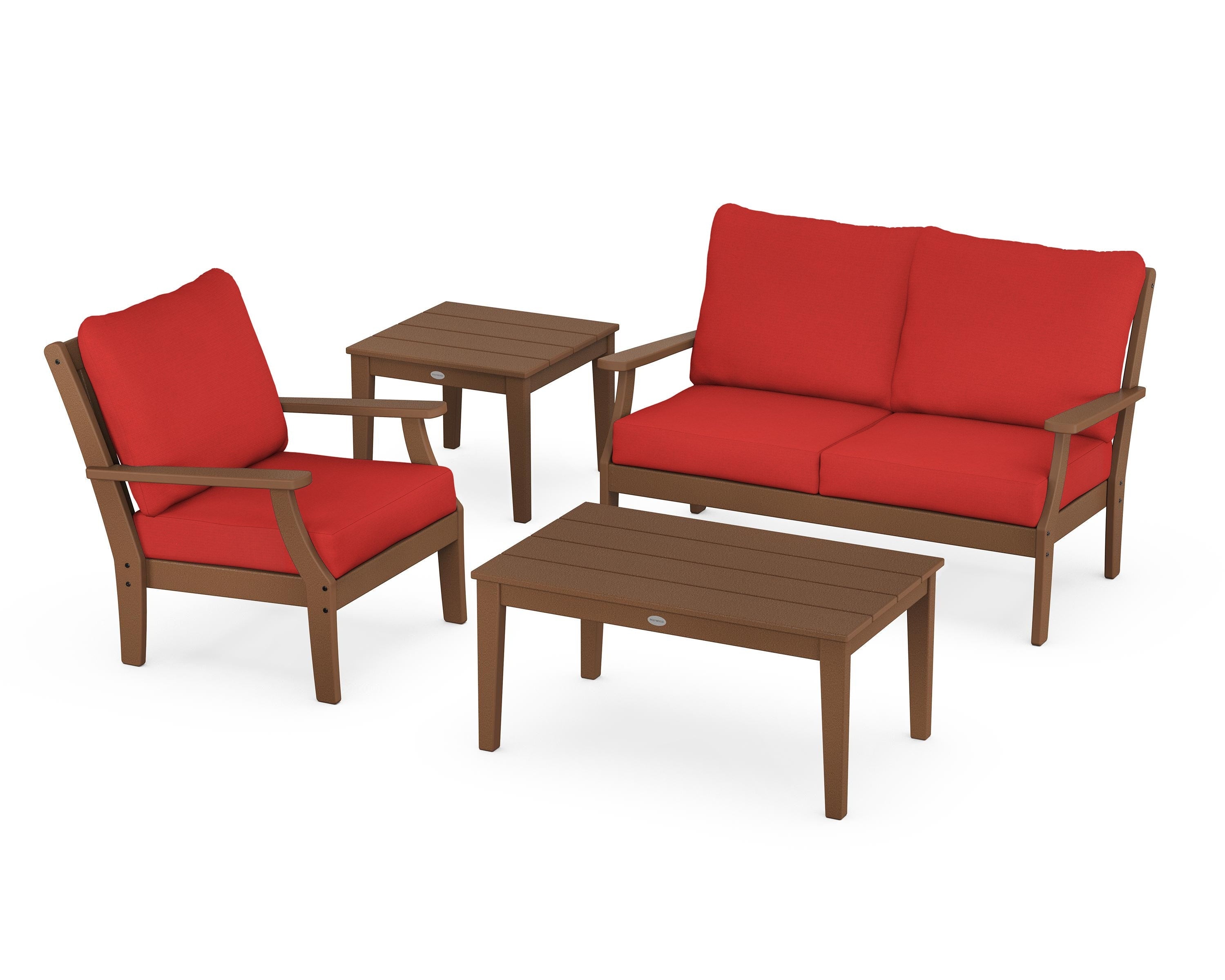 POLYWOOD Braxton 4-Piece Deep Seating Set in Teak / Crimson Linen