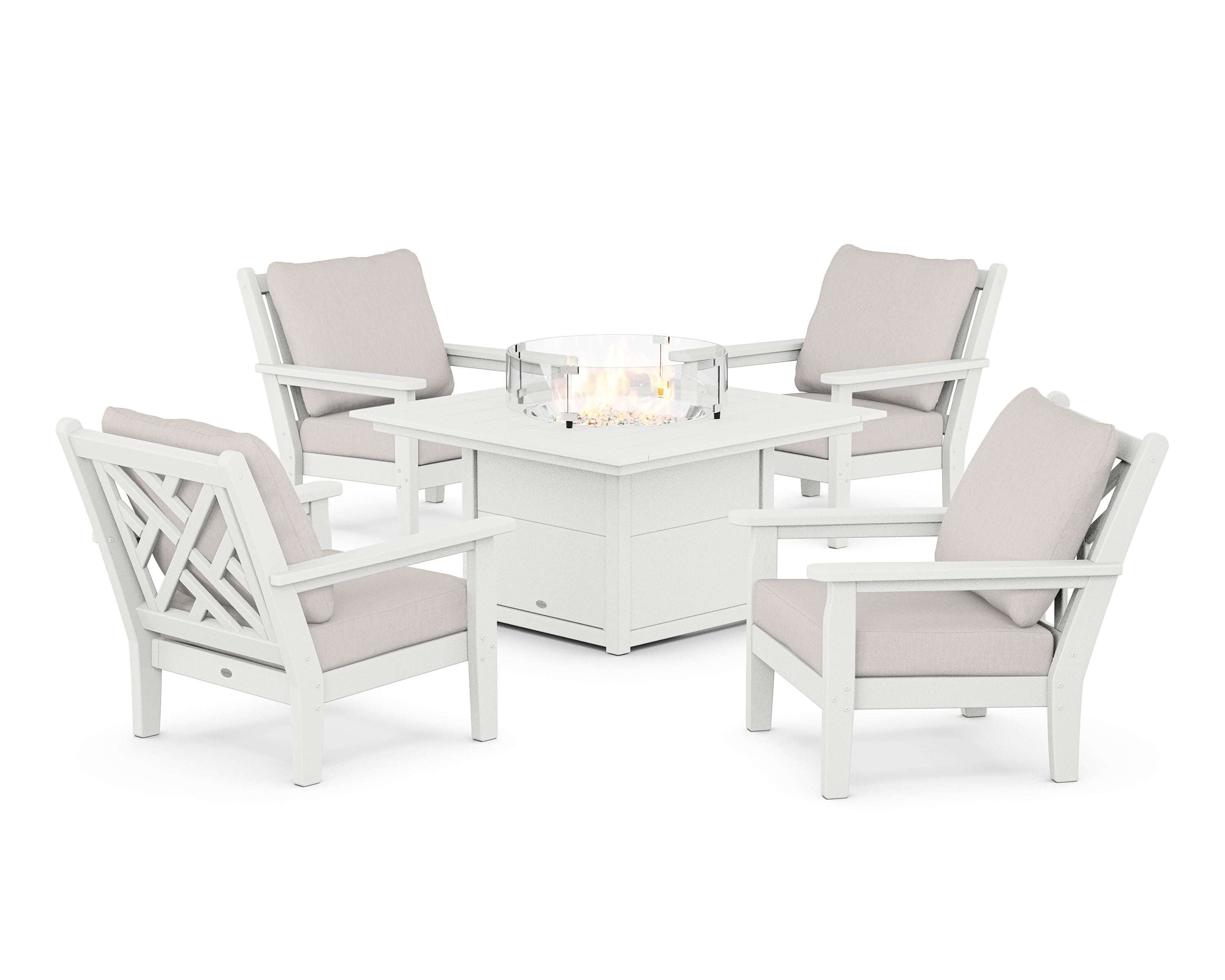 POLYWOOD Chippendale 5-Piece Deep Seating Set with Fire Pit Table in White / Cast Ash