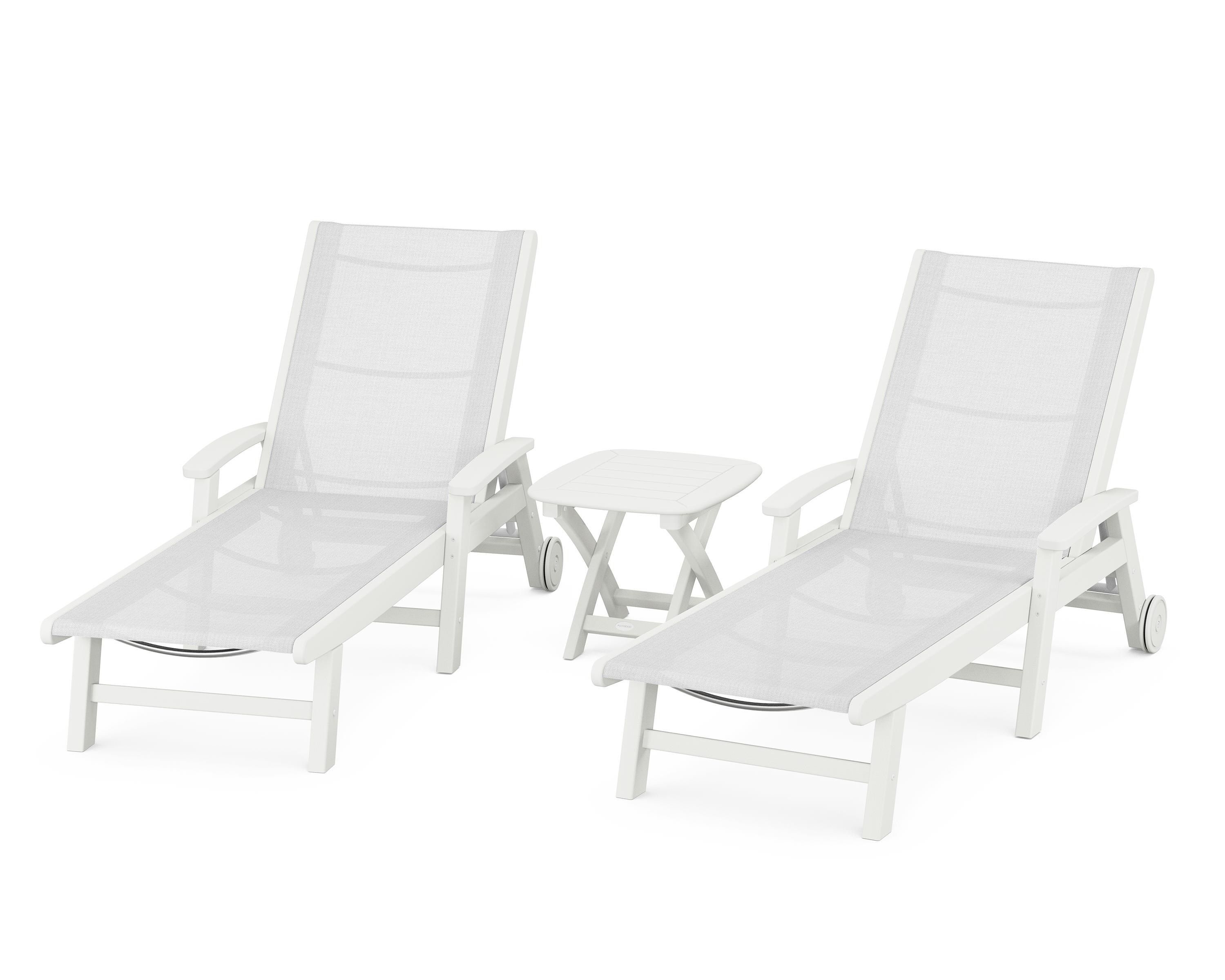 POLYWOOD Coastal 3-Piece Wheeled Chaise Set in Vintage White / White Sling