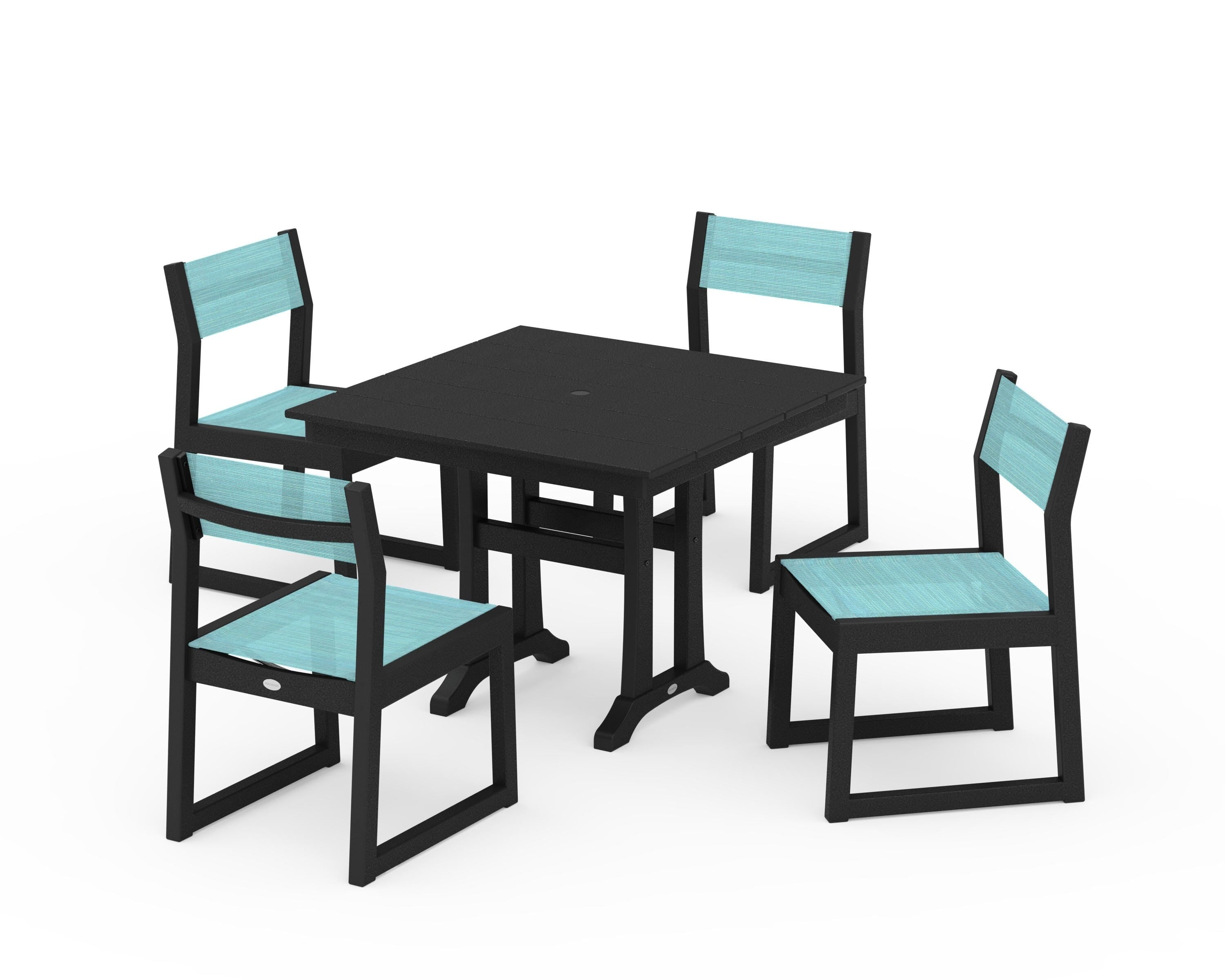 POLYWOOD EDGE Sling 5-Piece Farmhouse Trestle Side Chair Dining Set in Black / Dupioni Aquamarine Sling