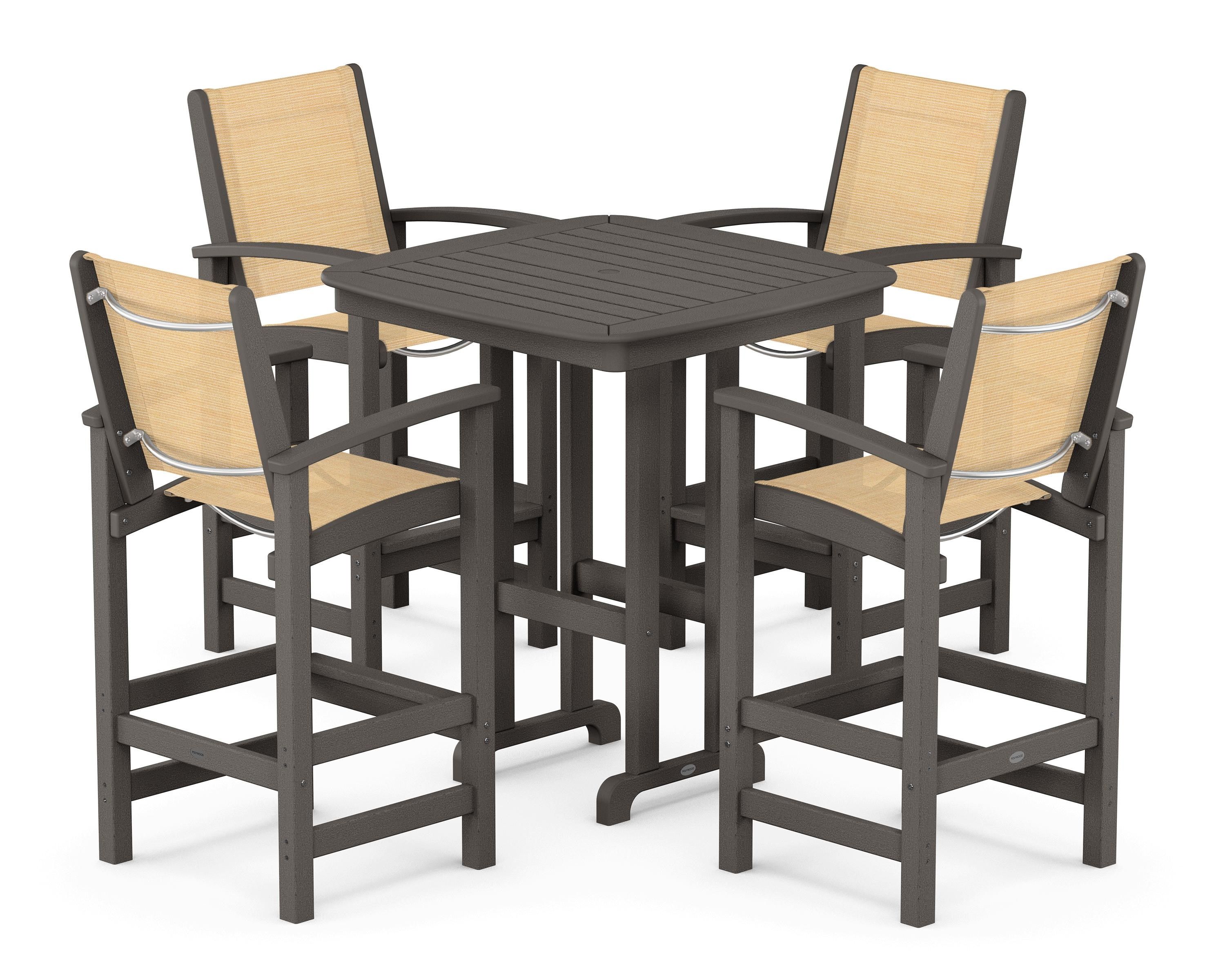 POLYWOOD Coastal 5-Piece Bar Set in Vintage Coffee / Dupioni Apricot Sling