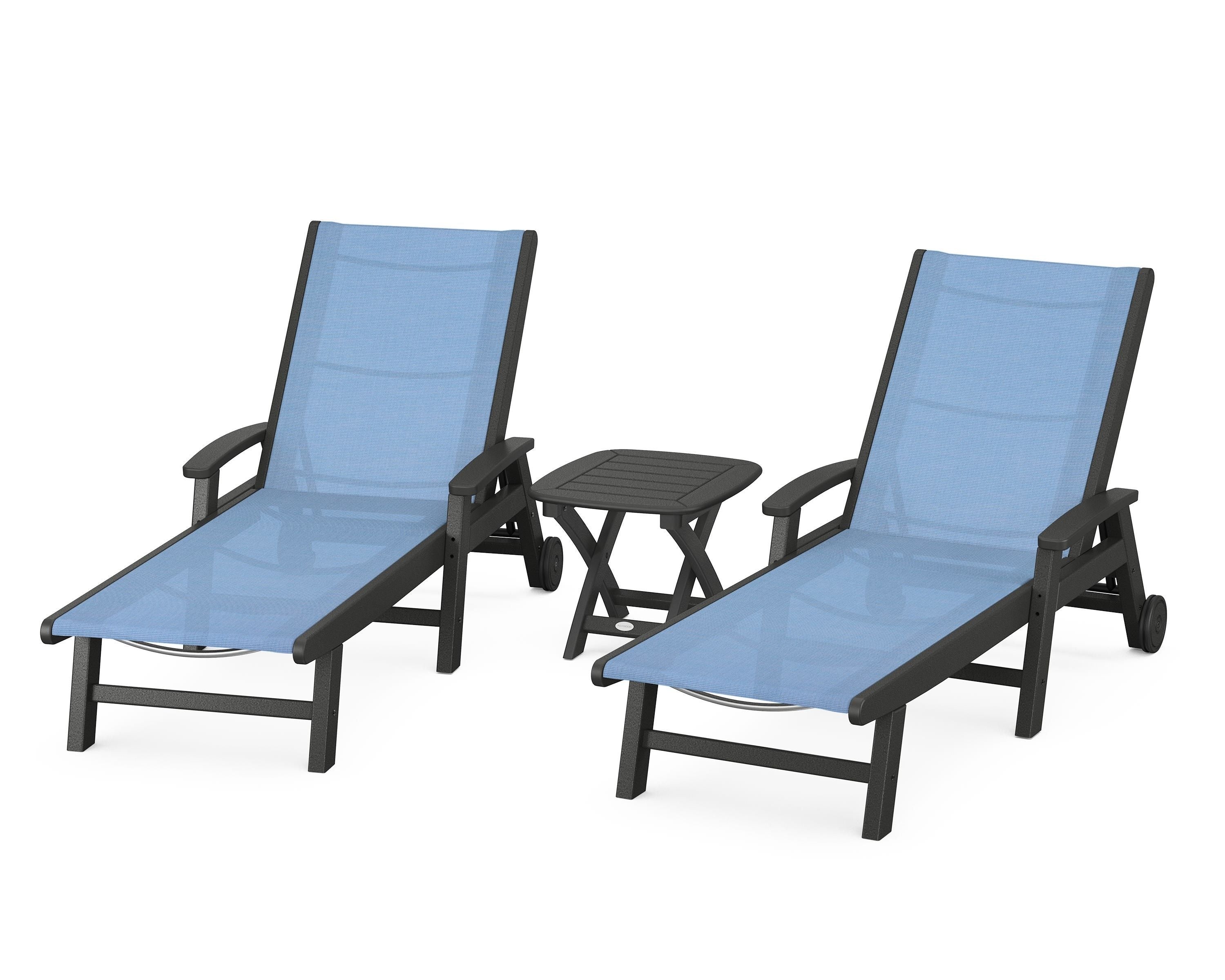POLYWOOD Coastal 3-Piece Wheeled Chaise Set in Black / Poolside Sling
