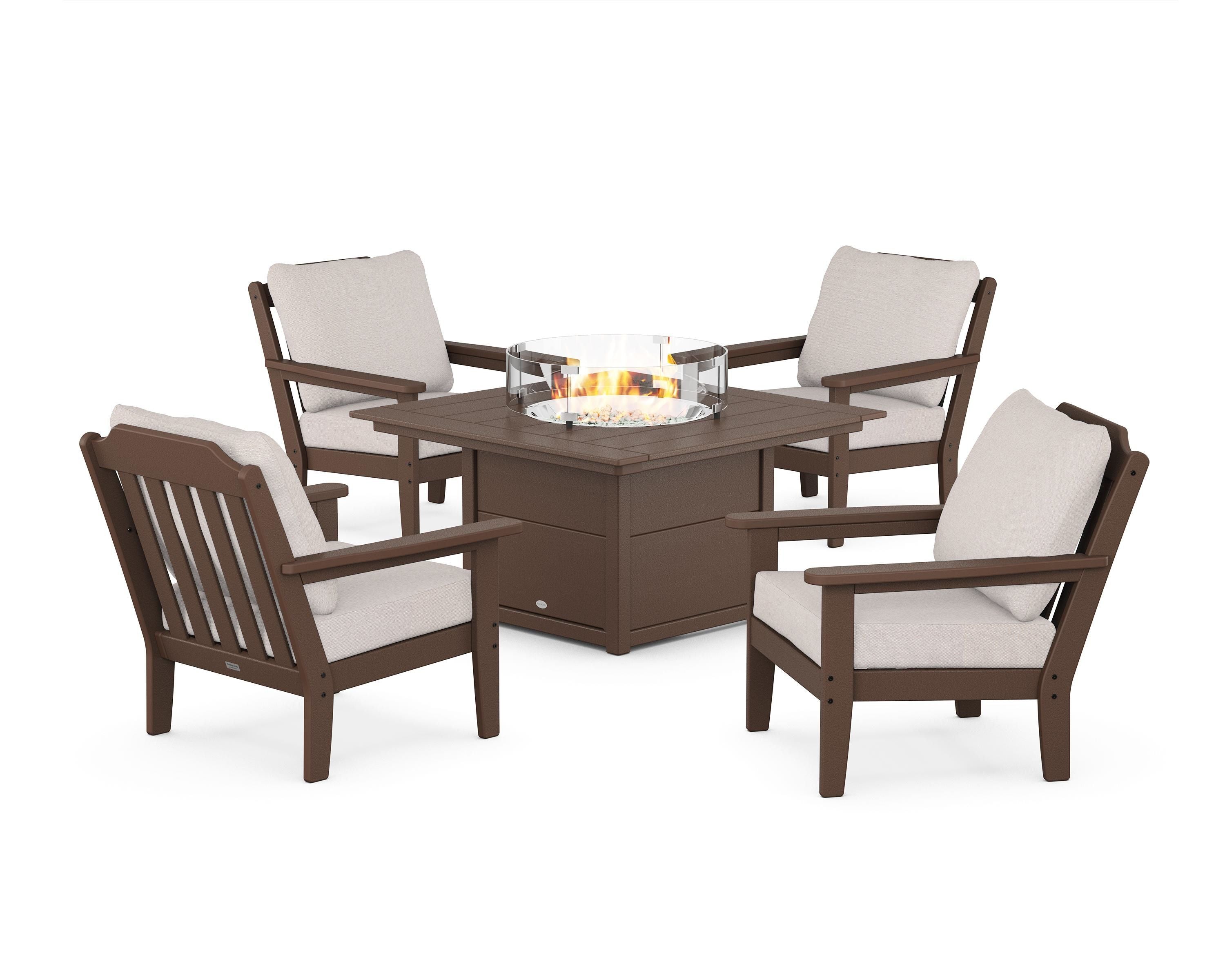Country Living Cottage 5-Piece Deep Seating Set with Fire Pit Table in Mahogany / Dune Burlap