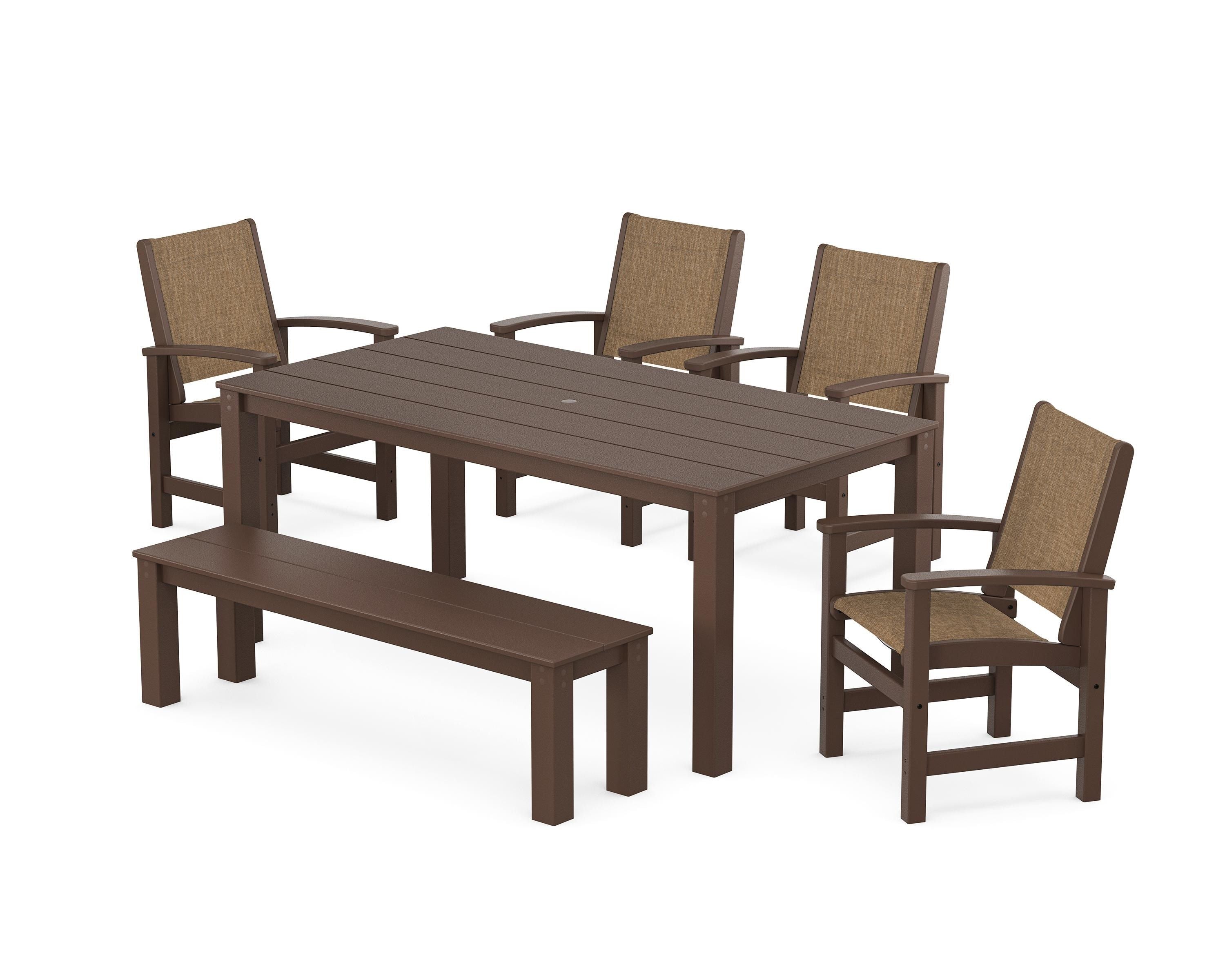 POLYWOOD Coastal 6-Piece Parsons Dining Set with Bench in Mahogany / Burlap Sling