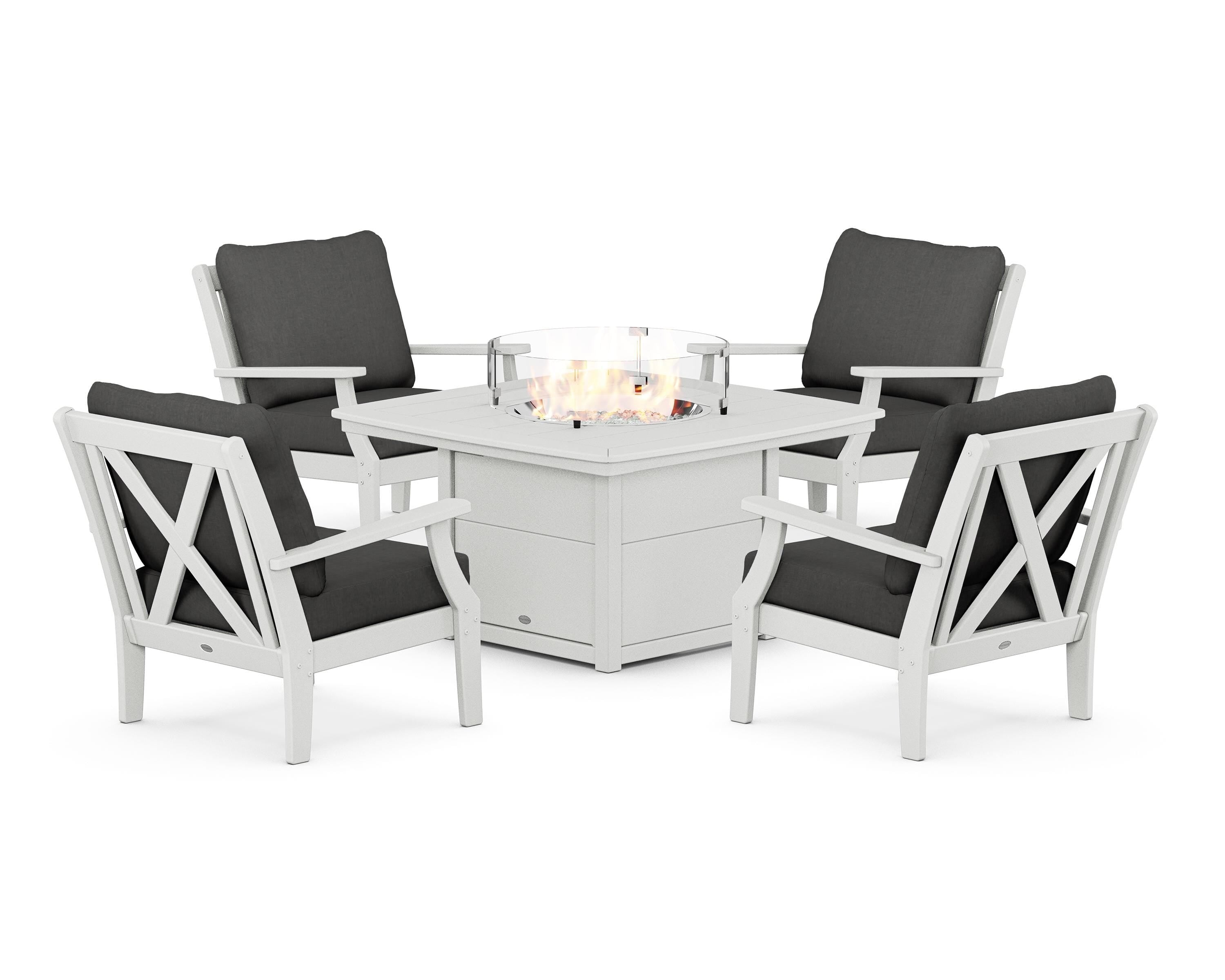 POLYWOOD Braxton 5-Piece Deep Seating Conversation Set with Fire Pit Table in White / Spectrum Carbon