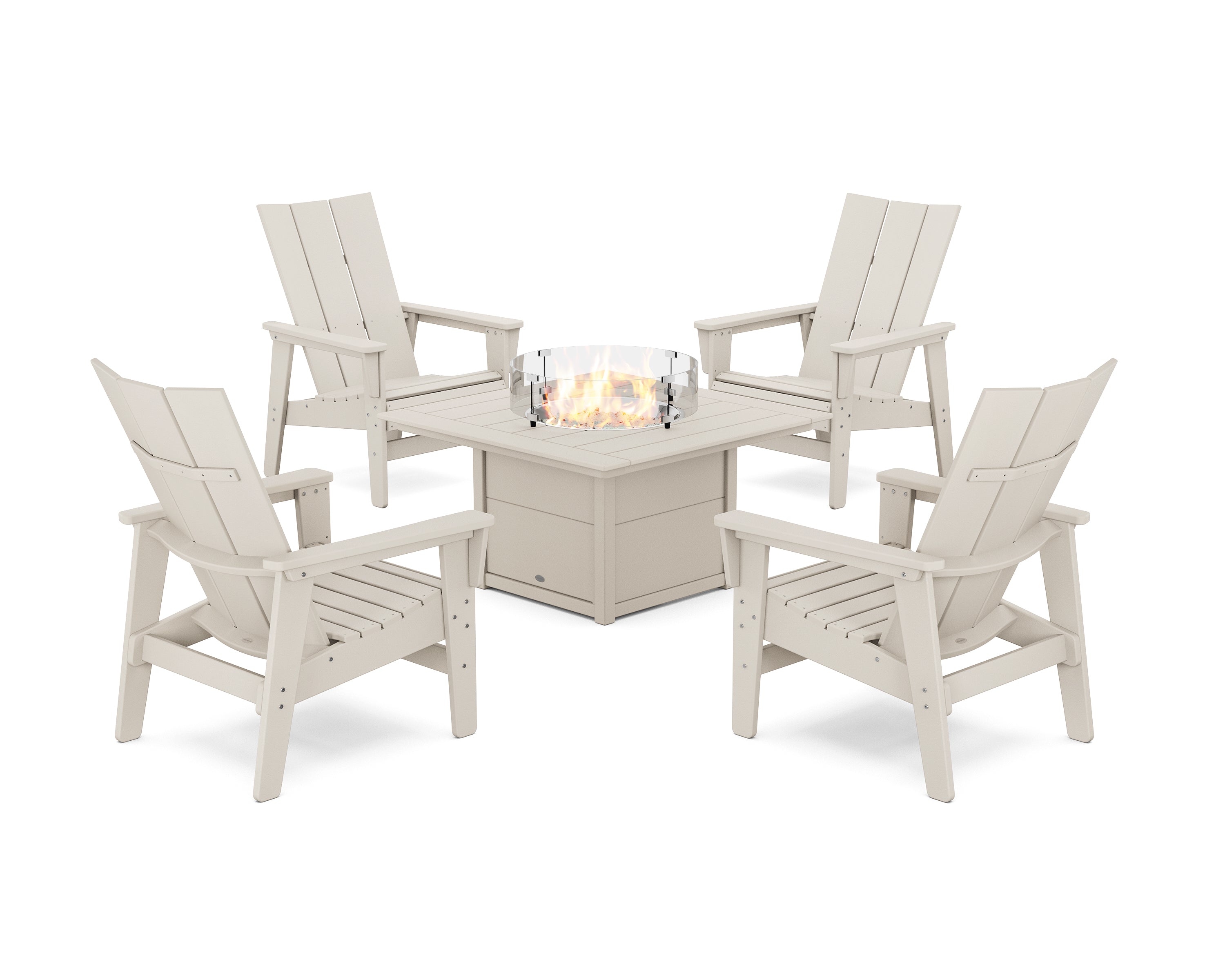 POLYWOOD® 5-Piece Modern Grand Upright Adirondack Conversation Set with Fire Pit Table in Sand