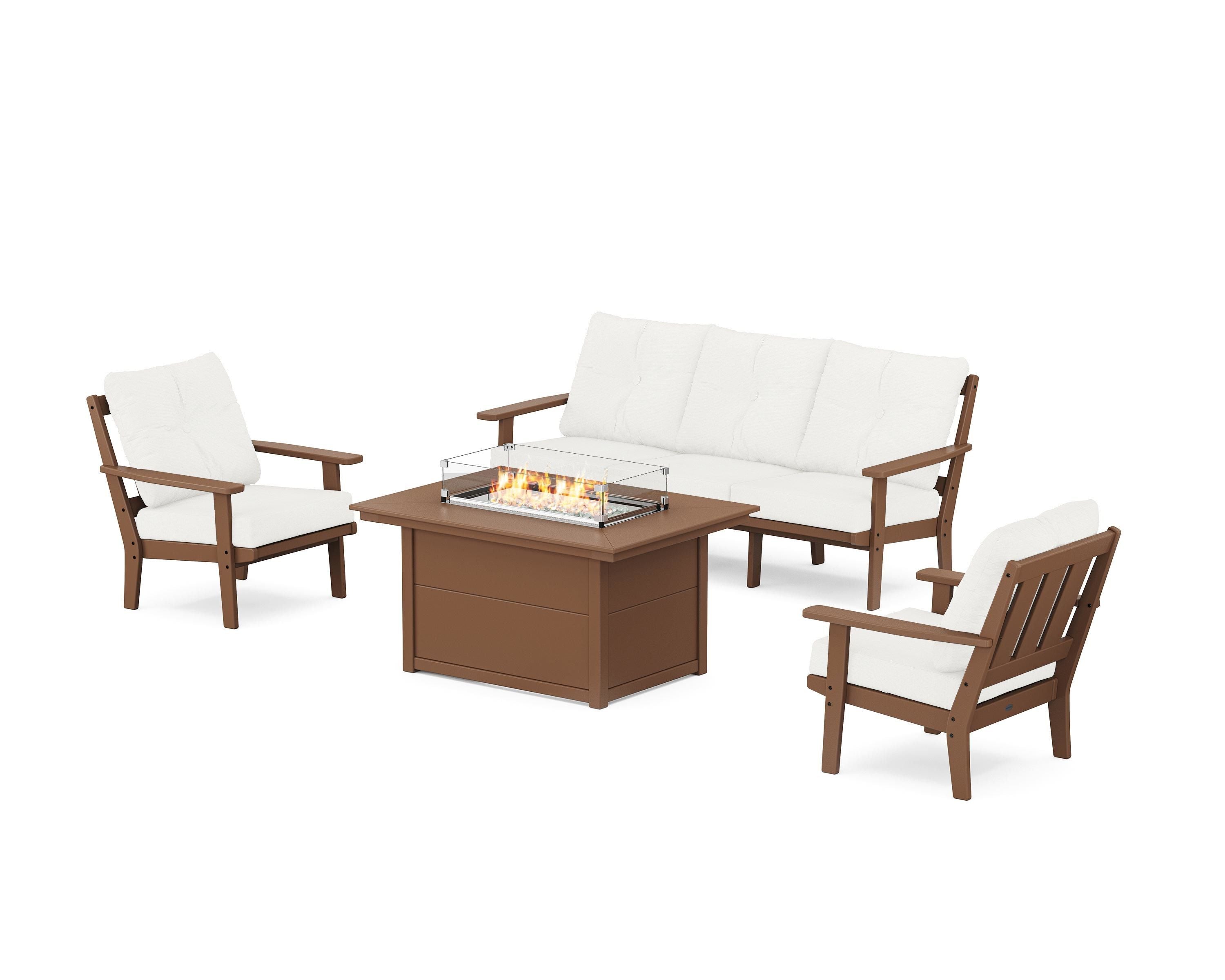 POLYWOOD Oxford Deep Seating Fire Pit Table Set in Teak / Natural Linen