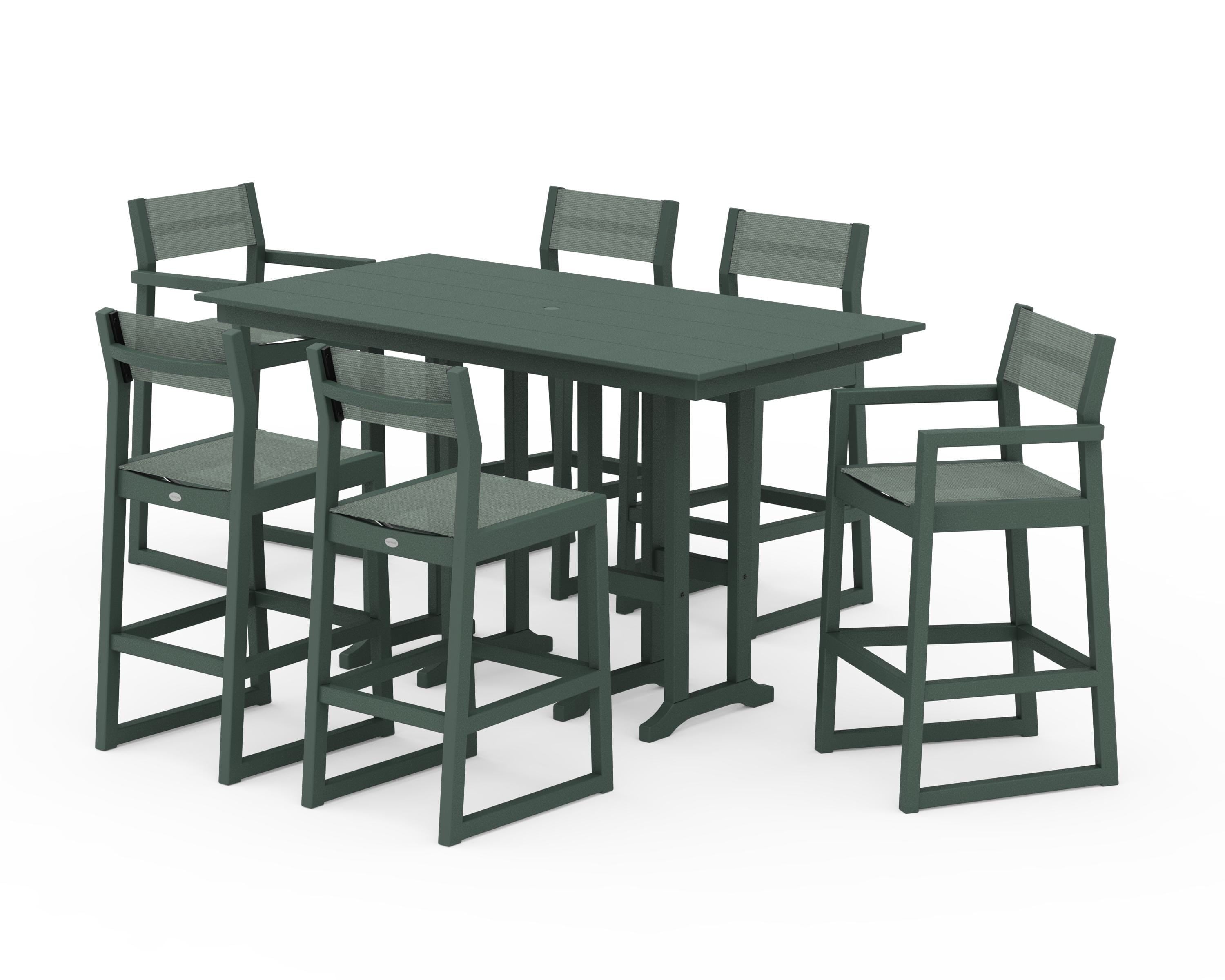 POLYWOOD EDGE Sling 7-Piece Farmhouse Bar Set in Green / Dupioni Sea Mist Sling