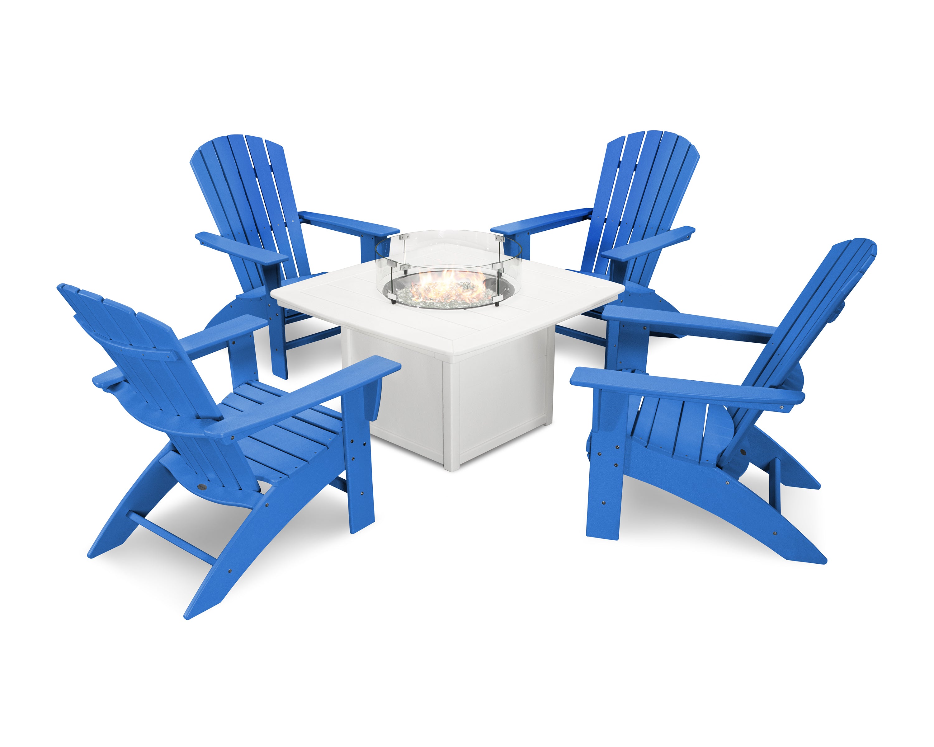 POLYWOOD® Nautical Curveback Adirondack 5-Piece Conversation Set with Fire Pit Table in Pacific Blue / White