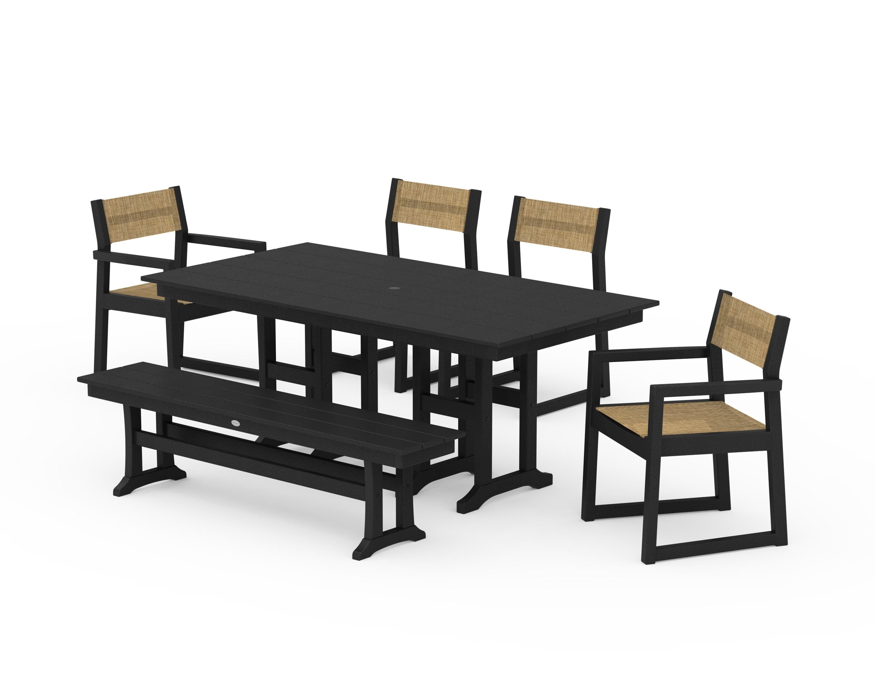 POLYWOOD EDGE Sling 6-Piece Farmhouse Dining Set in Black / Burlap Sling
