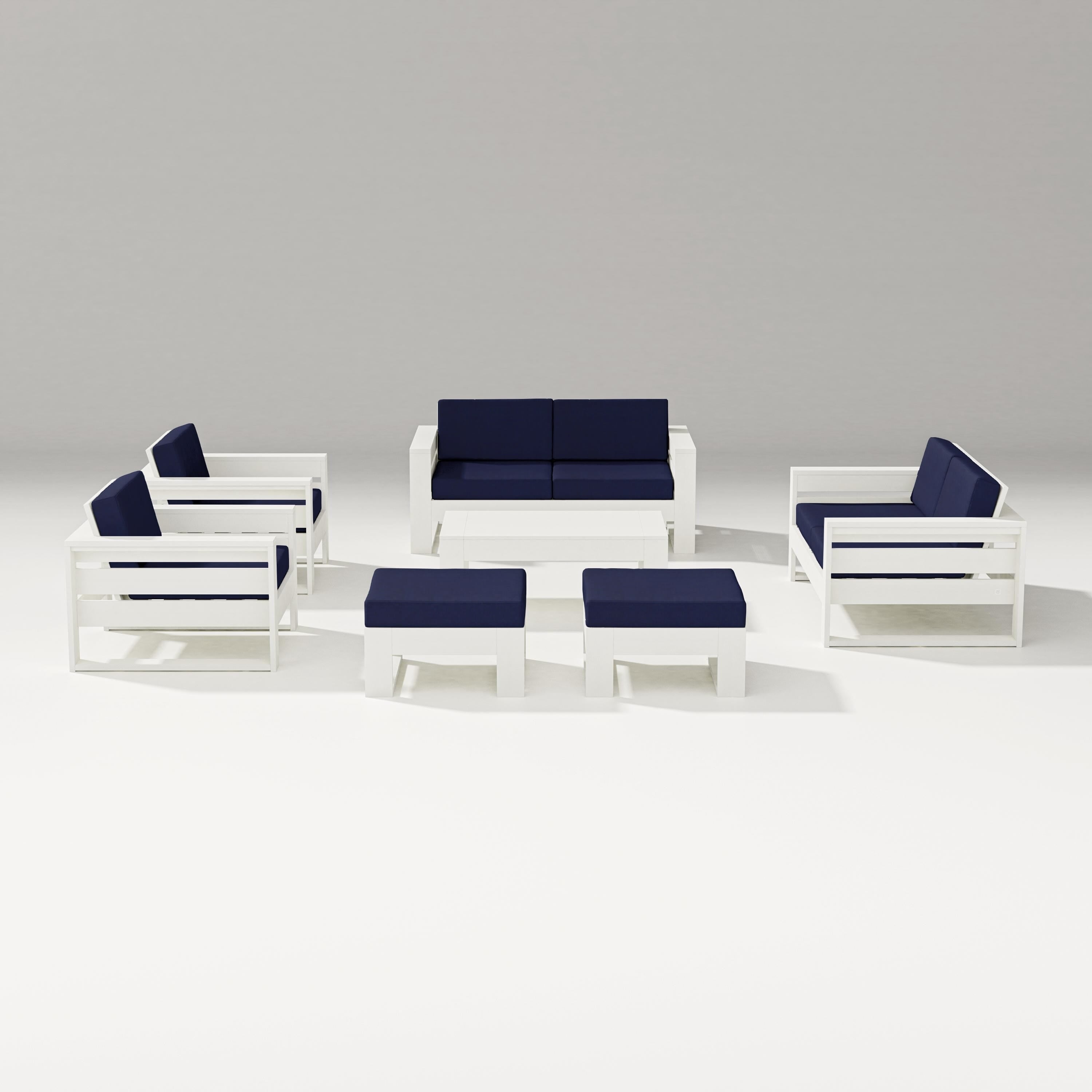 PW Designer Series Latitude 7-Piece Lounge Loveseat Set in Vintage White / Navy