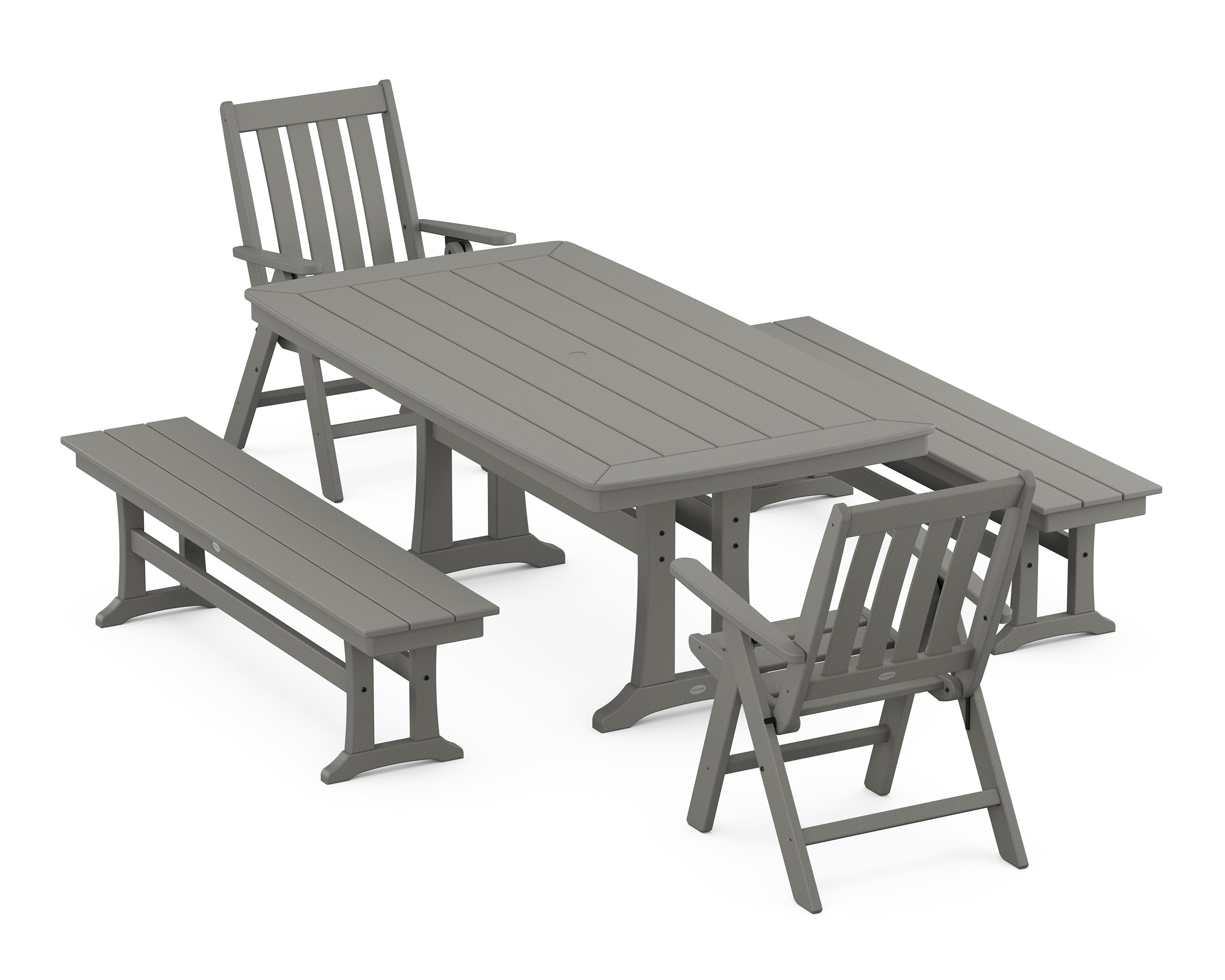 POLYWOOD® Vineyard Folding Chair 5-Piece Dining Set with Trestle Legs and Benches in Slate Grey