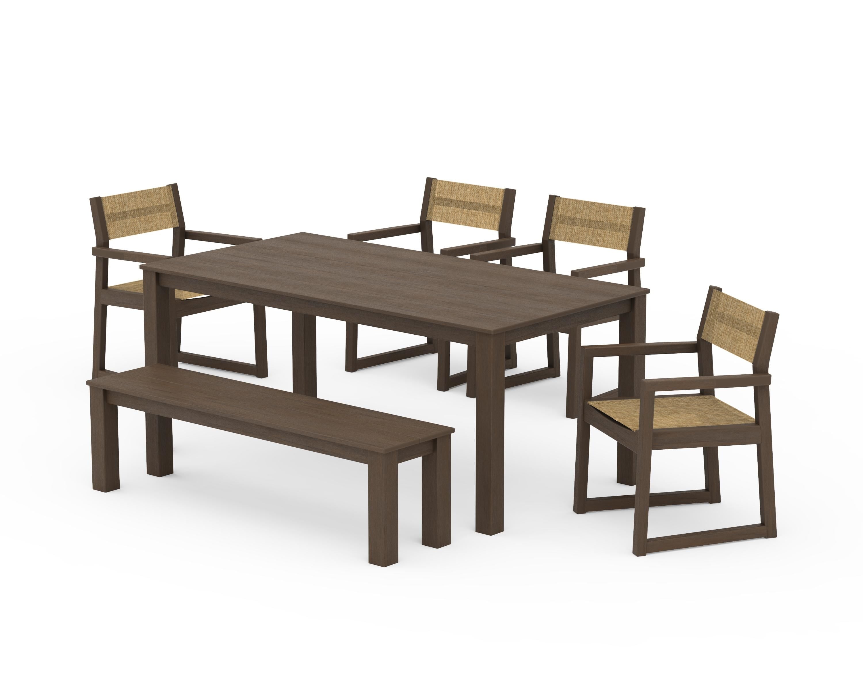 POLYWOOD EDGE Sling Arm Chair 6-Piece Parsons Dining Set with Bench in Kona / Burlap Sling