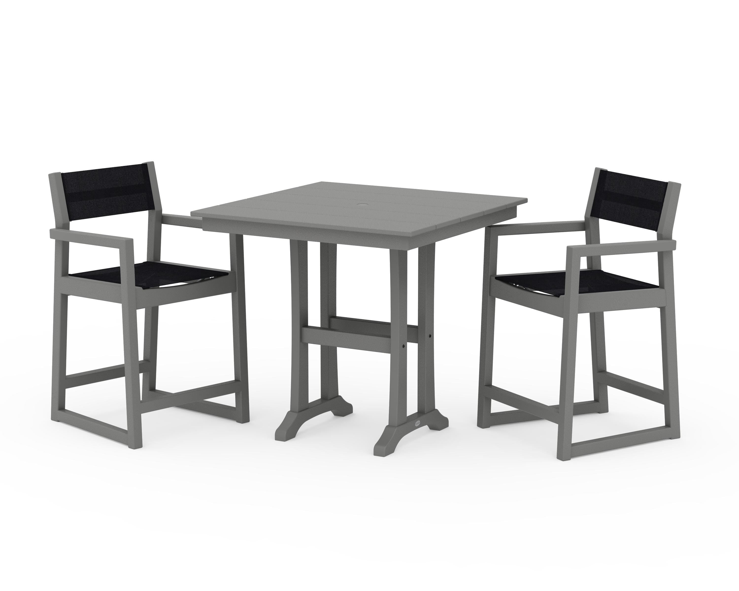 POLYWOOD EDGE Sling Arm Chair 3-Piece Farmhouse Counter Set with Trestle Legs in Slate Grey / Black Sling
