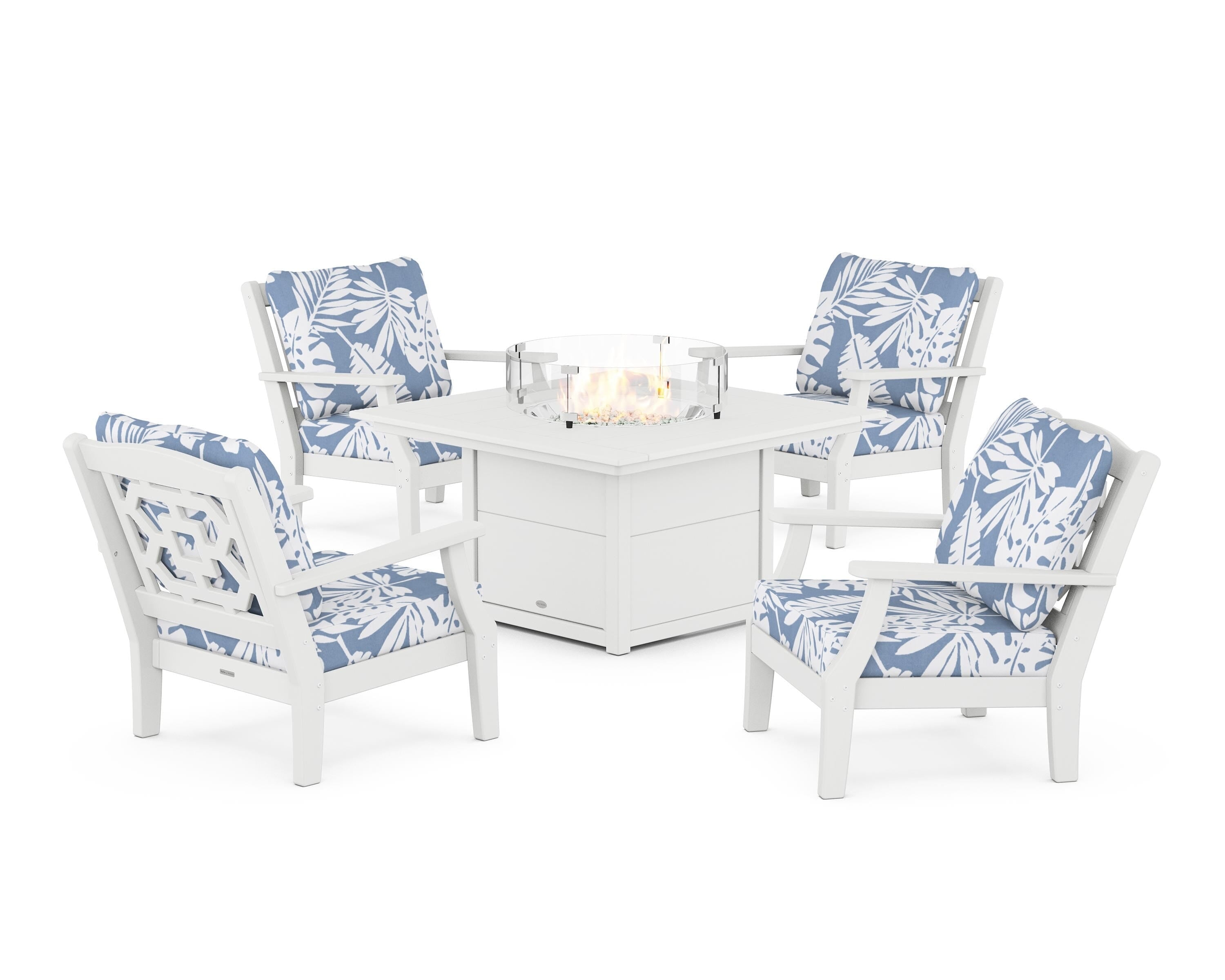 Martha Stewart by POLYWOOD Chinoiserie 5-Piece Deep Seating Set with Fire Pit Table in White / Leaf Sky Blue