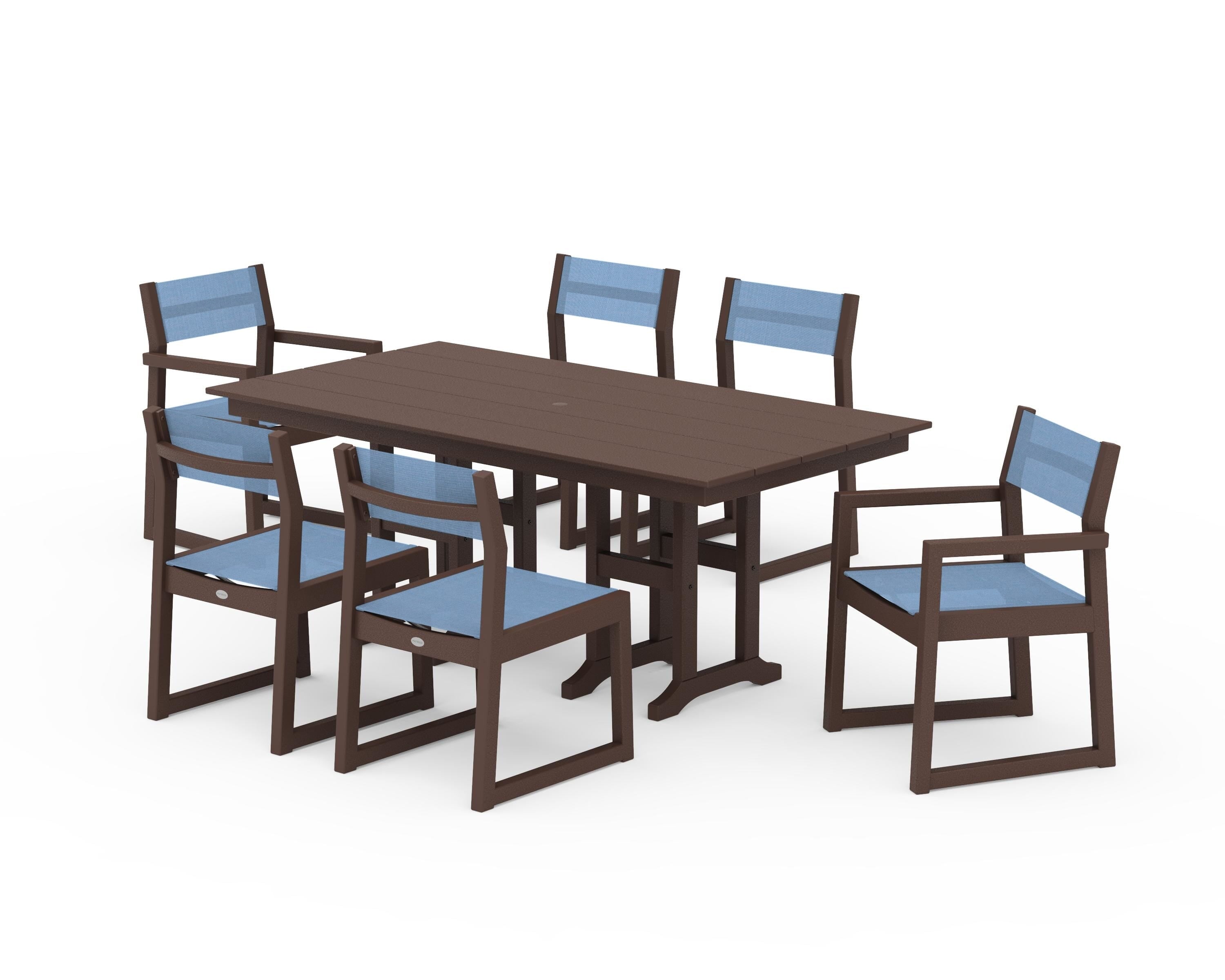 POLYWOOD EDGE Sling 7-Piece Farmhouse Dining Set in Mahogany / Poolside Sling