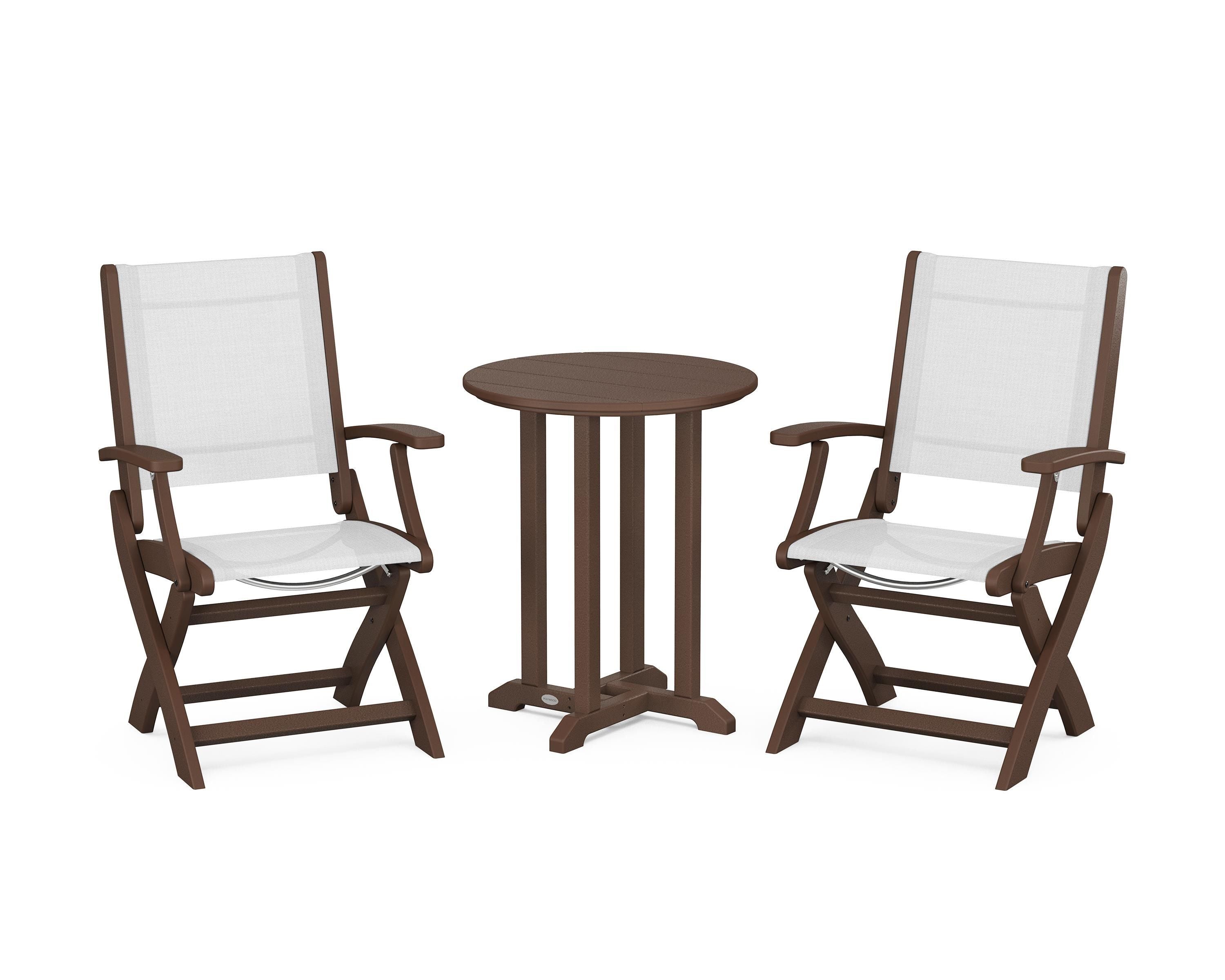 POLYWOOD Coastal Folding 3-Piece Round Bistro Dining Set in Mahogany / White Sling