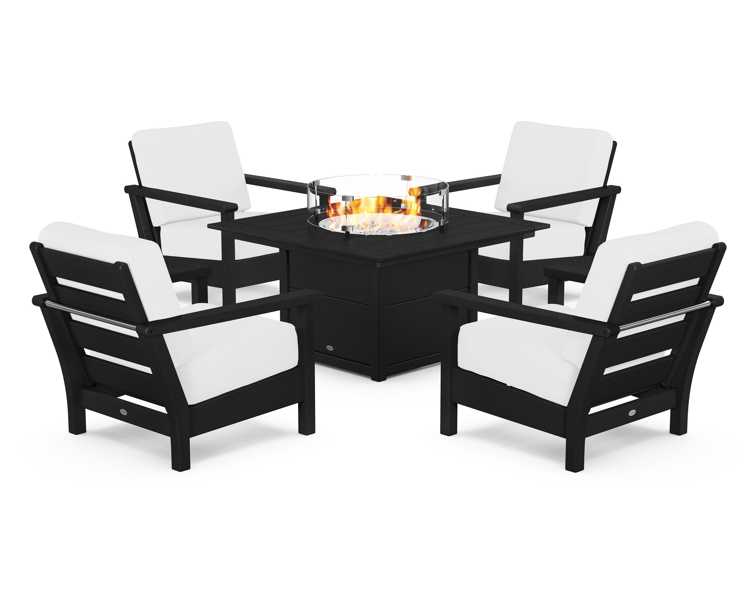 POLYWOOD Harbour 5-Piece Conversation Set with Fire Pit Table in Black / Natural