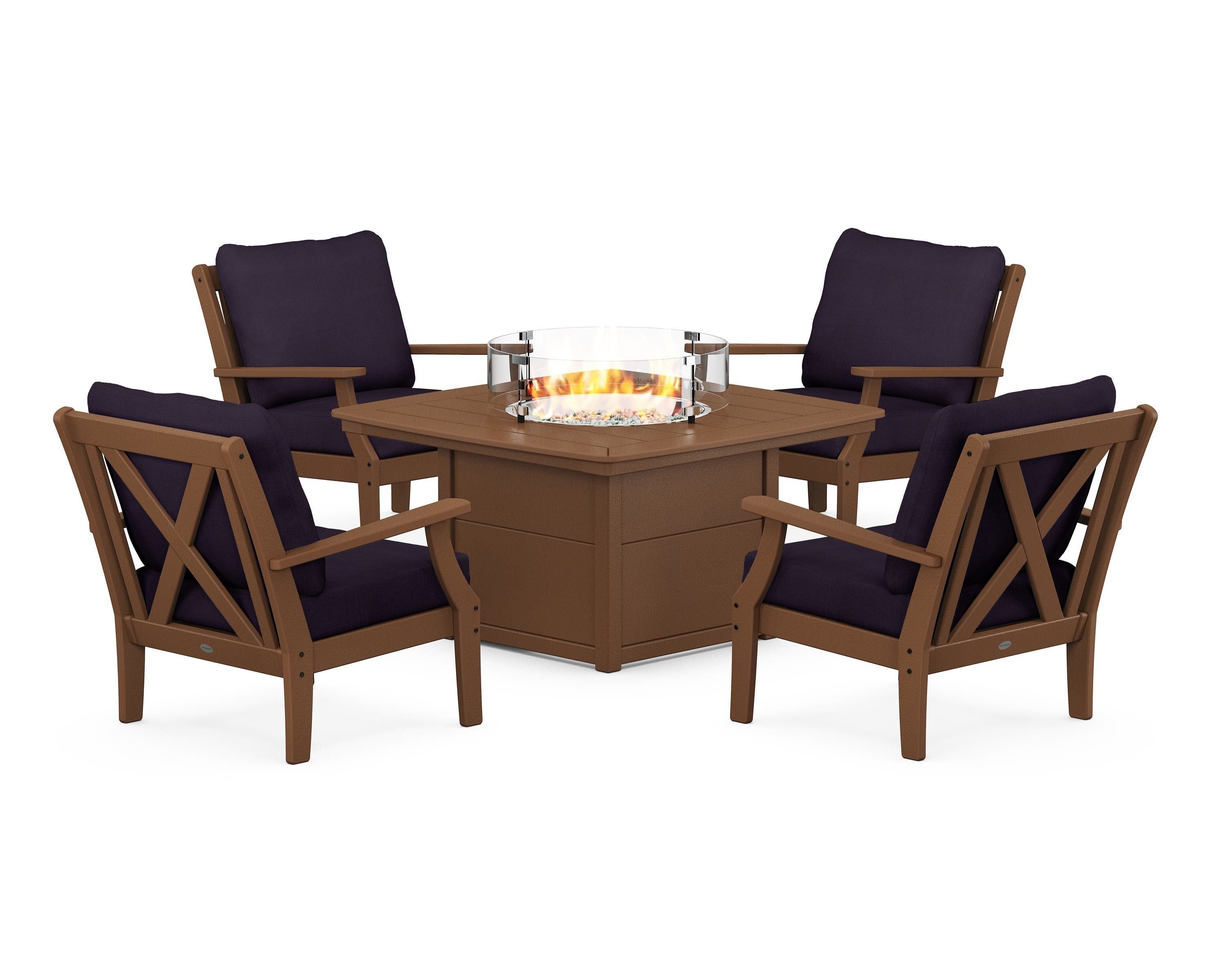 POLYWOOD Braxton 5-Piece Deep Seating Conversation Set with Fire Pit Table in Teak / Navy Linen