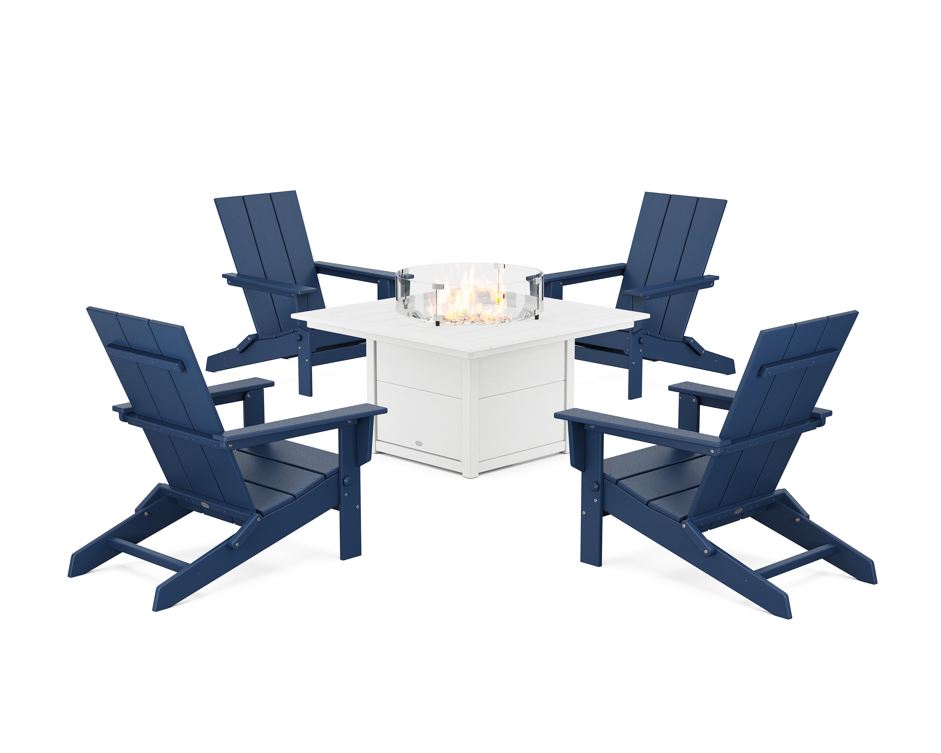 POLYWOOD® 5-Piece Modern Studio Folding Adirondack Conversation Set with Fire Pit Table in Navy / White