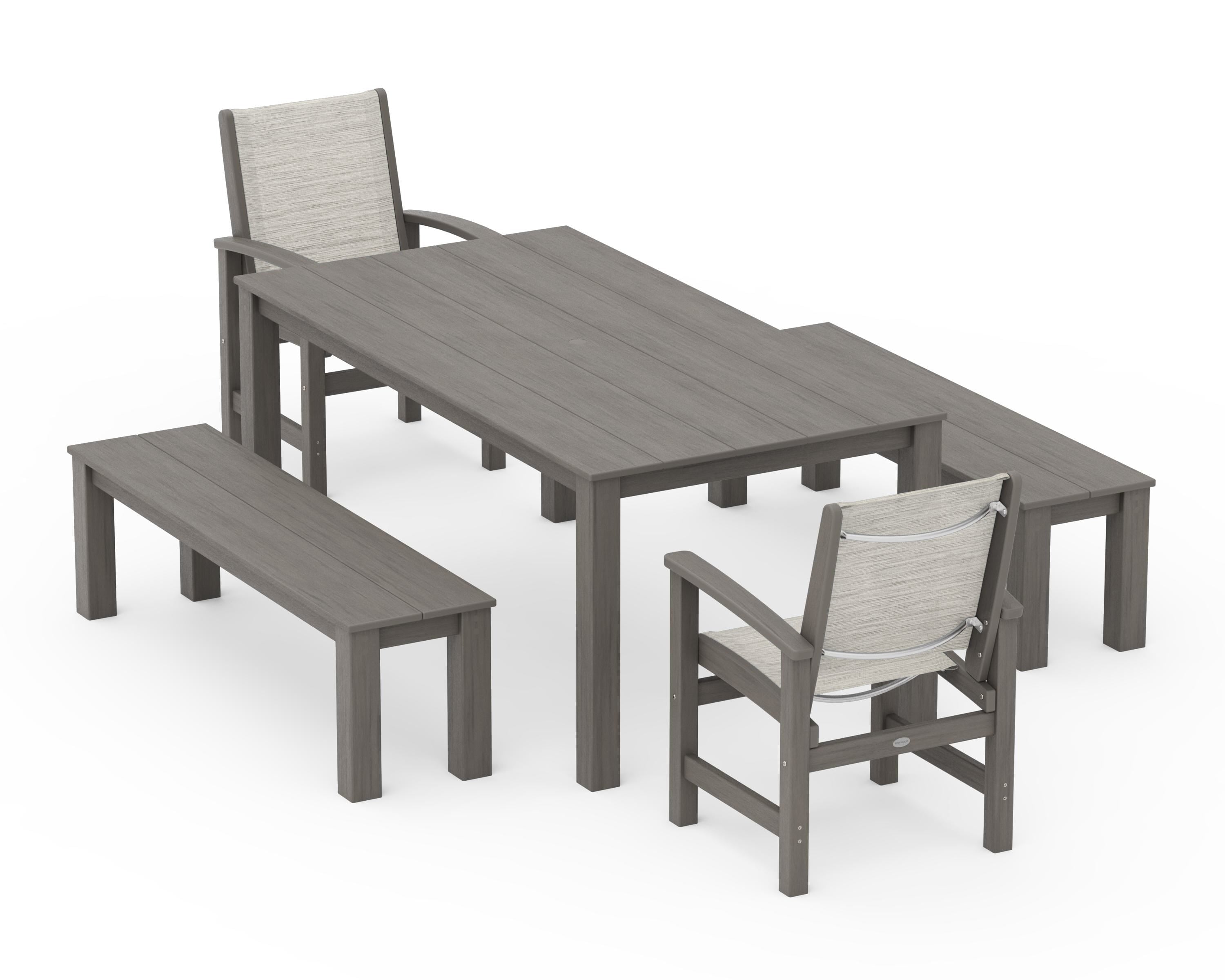 POLYWOOD Coastal 5-Piece Parsons Dining Set with Benches in Driftwood / Birch Sling