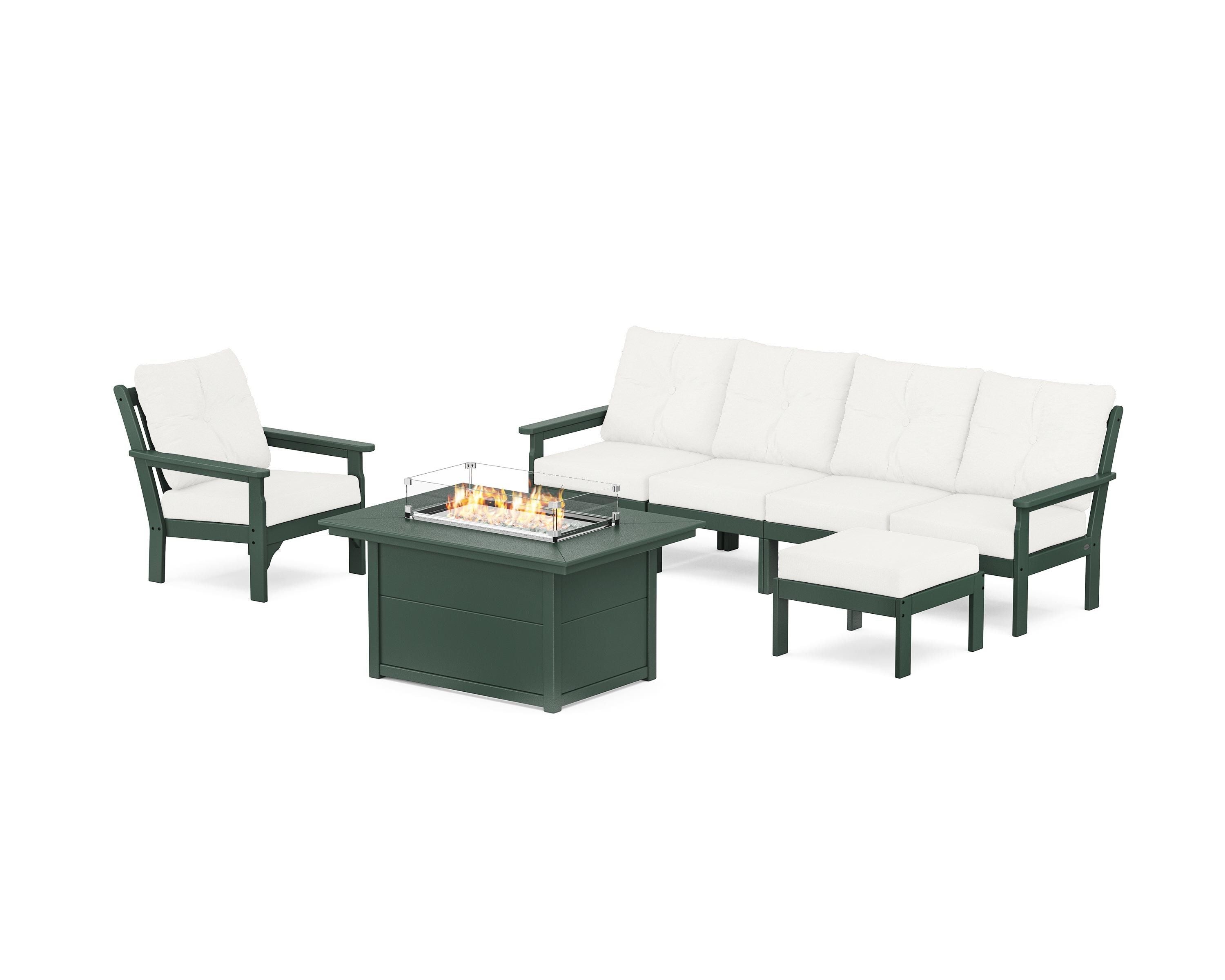 POLYWOOD Vineyard Sectional Lounge and Fire Pit Set in Green / Natural Linen