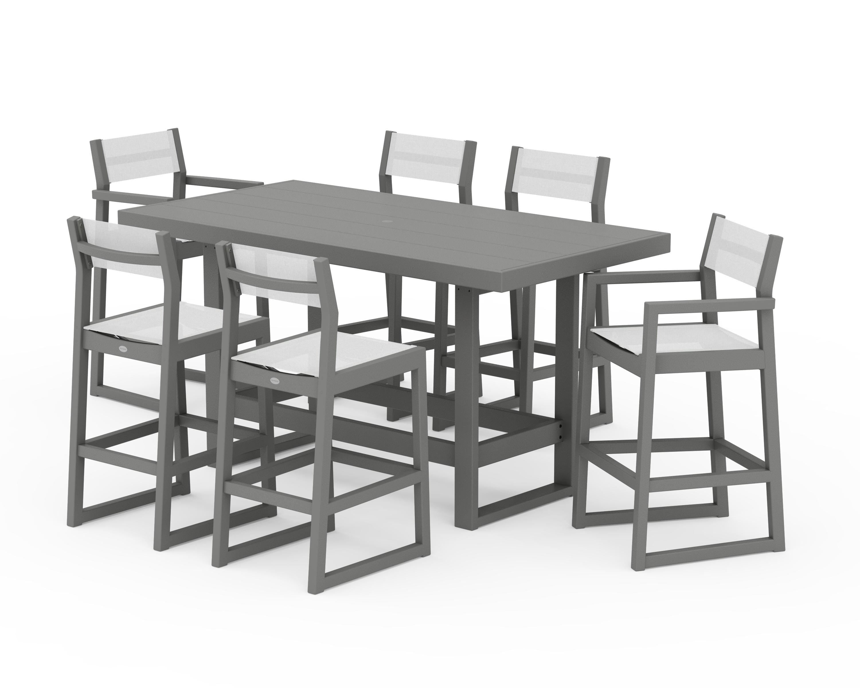 POLYWOOD EDGE Sling 7-Piece Bar Table Set in Slate Grey / White Sling