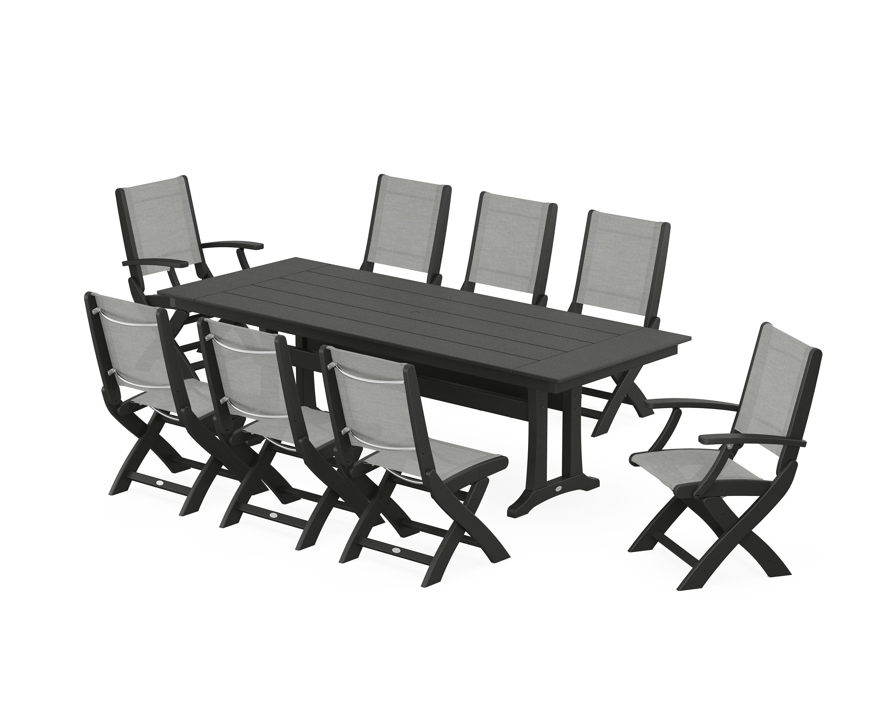 POLYWOOD Coastal 9-Piece Folding Dining Chair Farmhouse Dining Set with Trestle Legs in Black / Metallic Sling