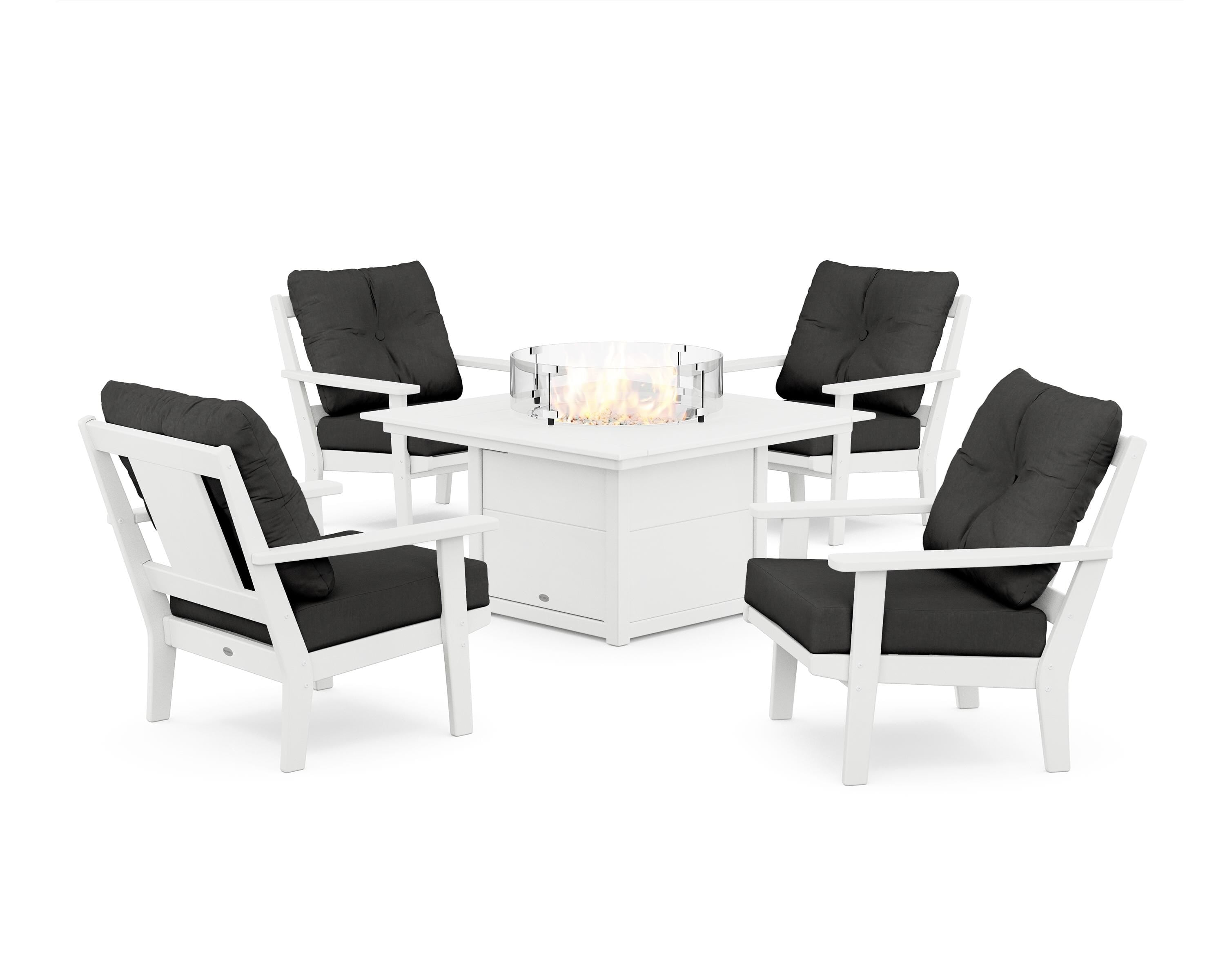 POLYWOOD Prairie 5-Piece Deep Seating Set with Fire Pit Table in White / Spectrum Carbon