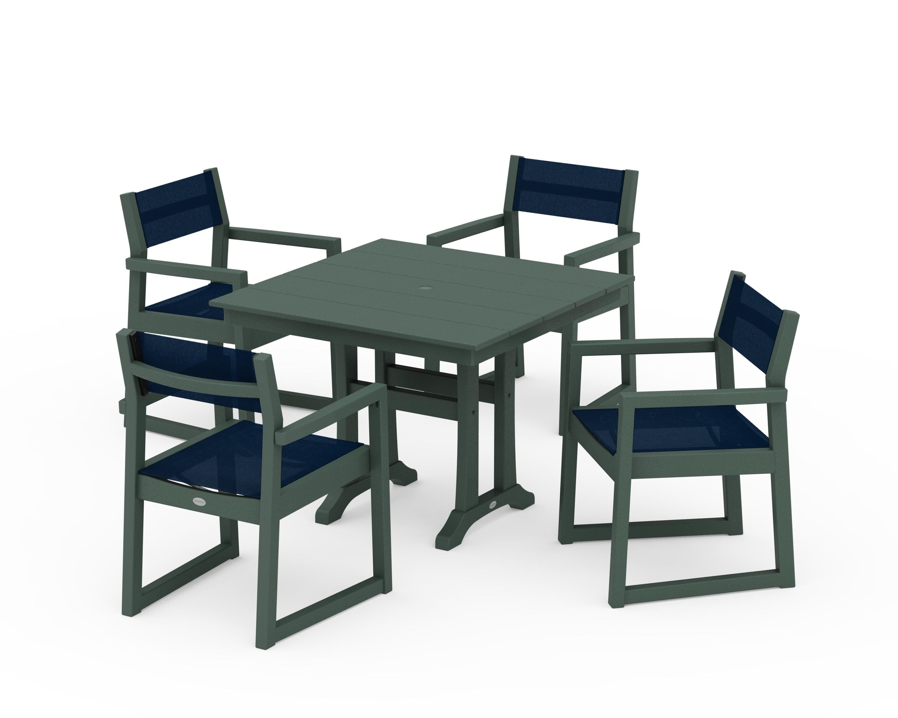POLYWOOD EDGE Sling 5-Piece Farmhouse Dining Set with Trestle Legs in Green / Navy Blue Sling