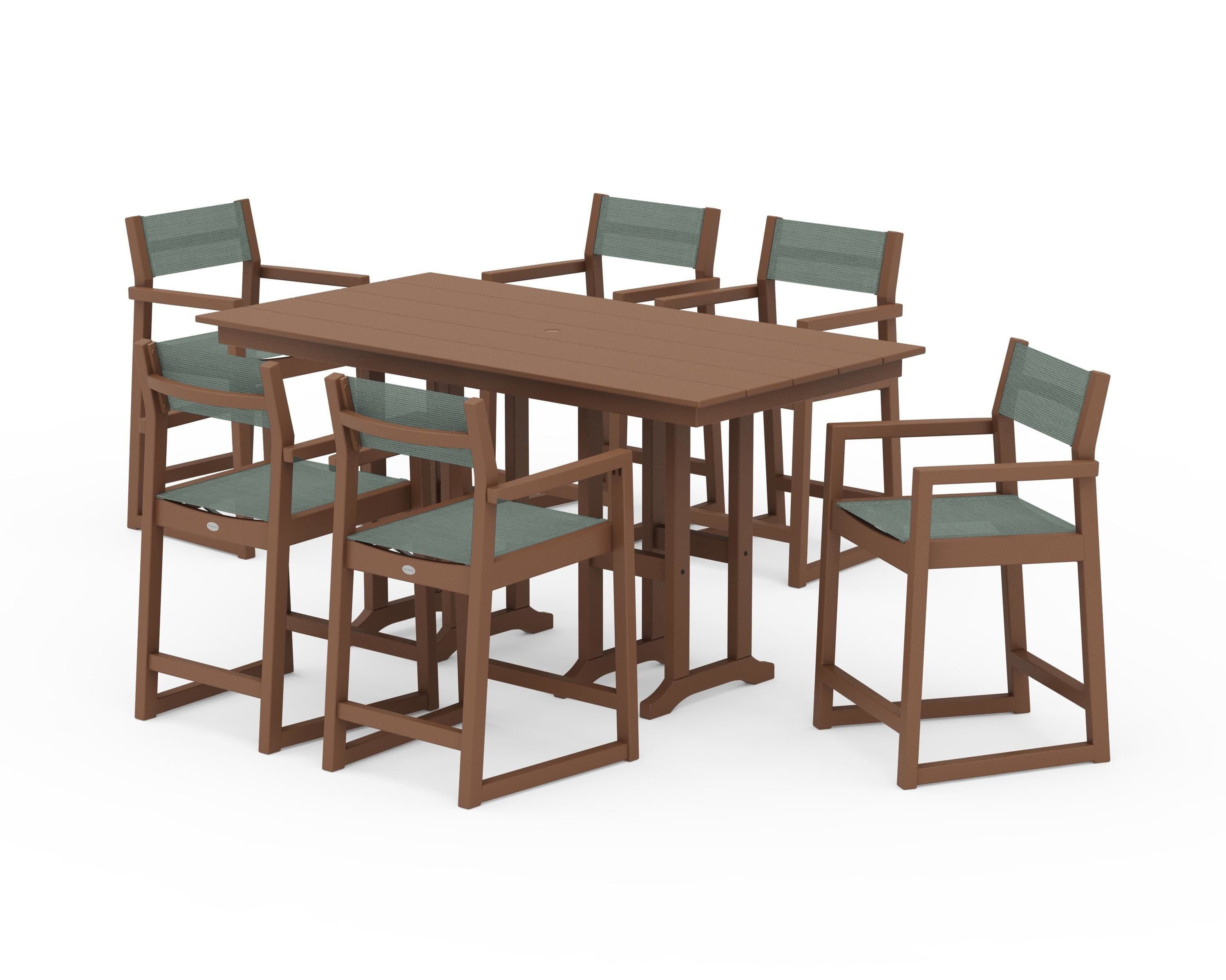POLYWOOD EDGE Sling Arm Chair 7-Piece Farmhouse Counter Set in Teak / Dupioni Sea Mist Sling