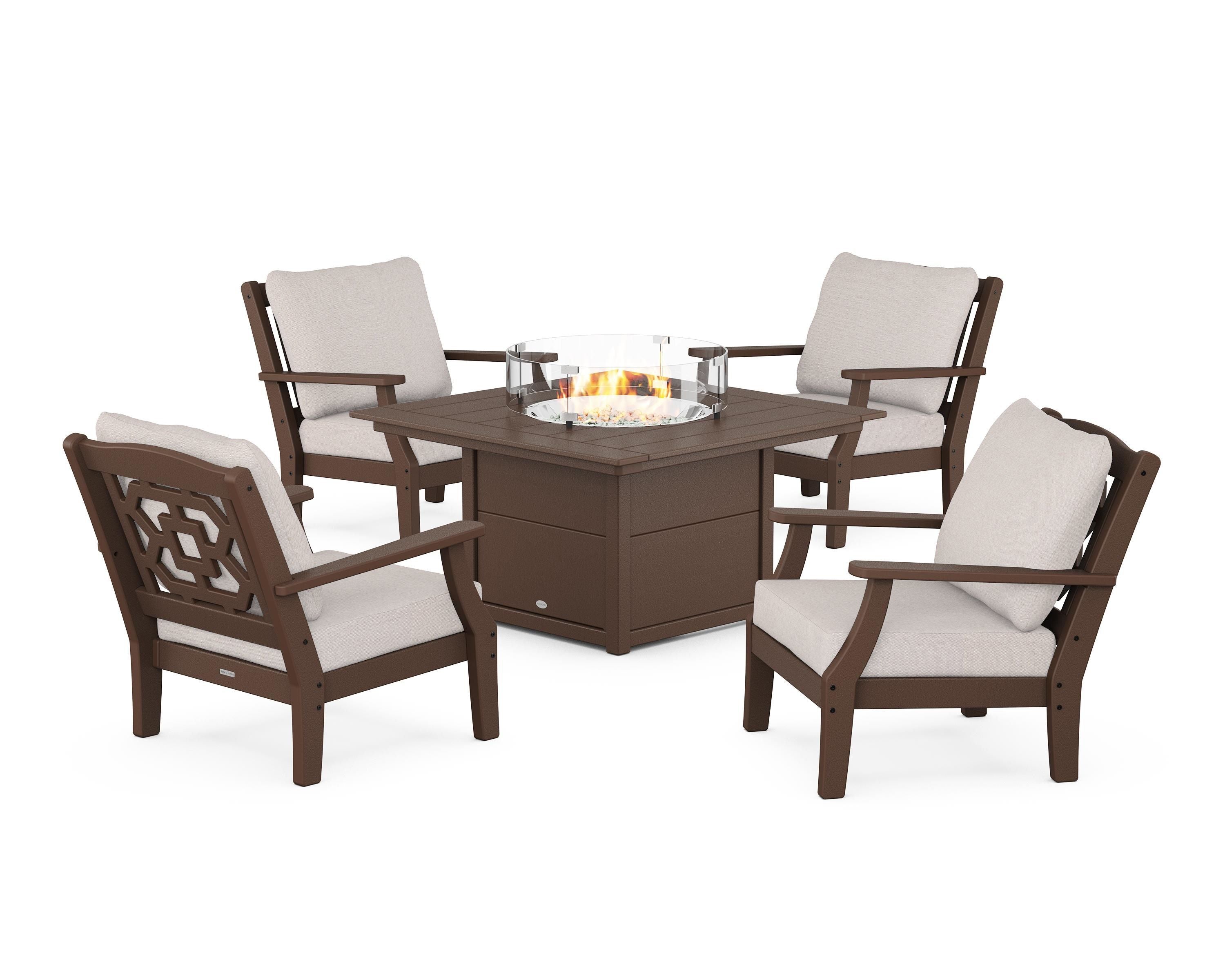 Martha Stewart by POLYWOOD Chinoiserie 5-Piece Deep Seating Set with Fire Pit Table in Mahogany / Dune Burlap