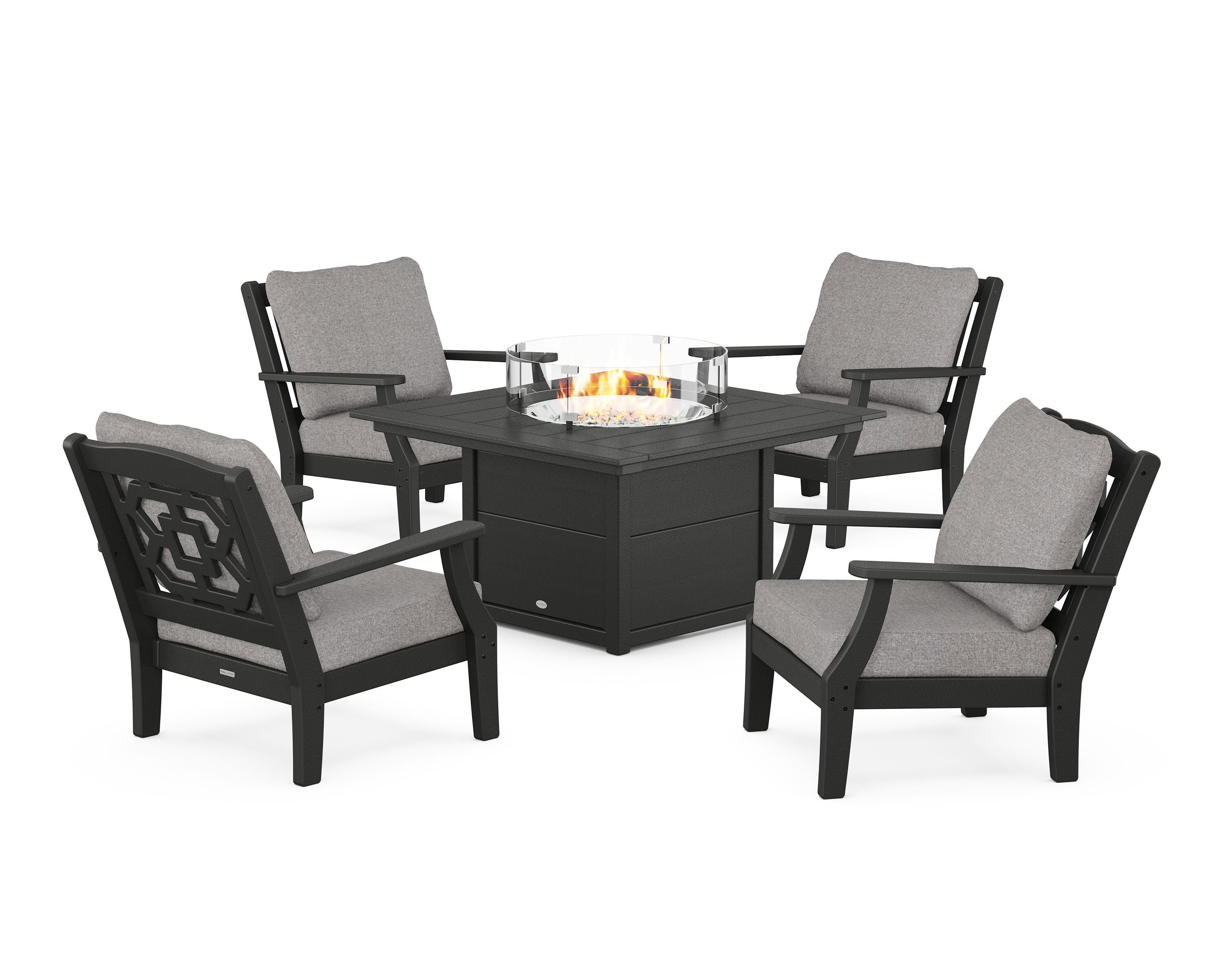 Martha Stewart by POLYWOOD Chinoiserie 5-Piece Deep Seating Set with Fire Pit Table in Black / Grey Mist